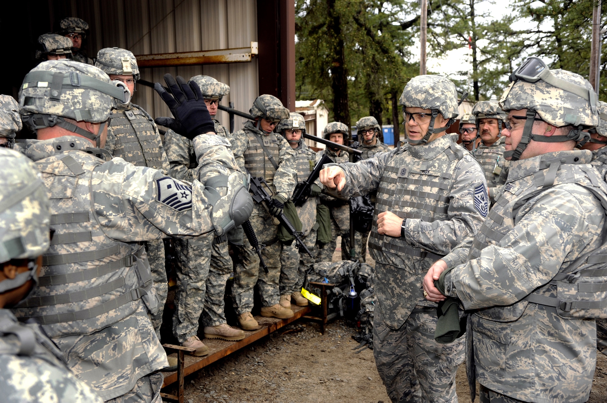 Chief Master Sgt. of the Air Force James A. Roy holds a question and answer session while visiting Airmen during Combat Skills Training April 27, 2010, at Joint Base McGuire-Dix-Lakehurst, N.J. (U.S. Air Force photo/Carlos Cintron)