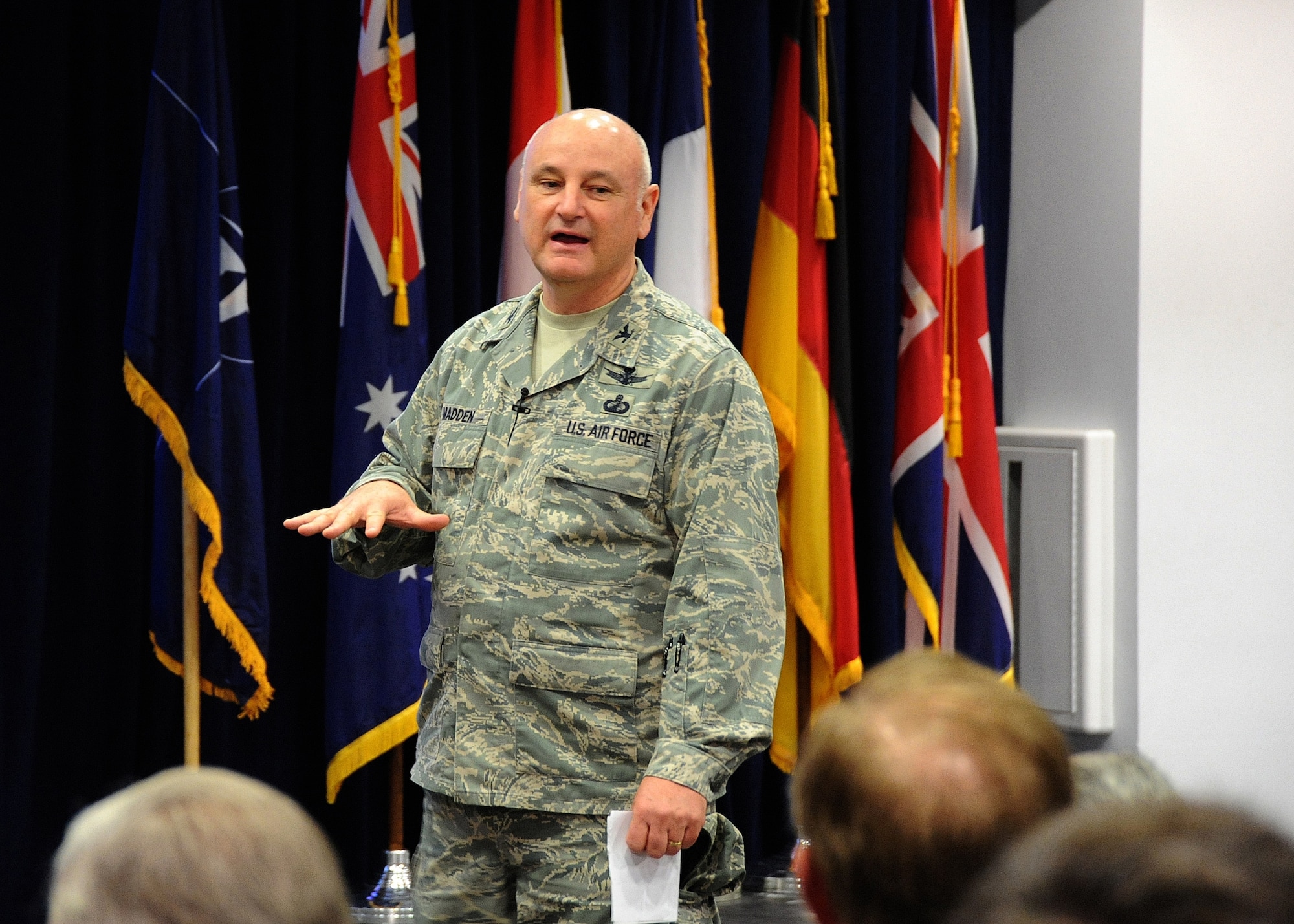 Col. Dave Madden, GPS Wing commander, addresses the crowd at the GPS Partnership Council, May 4. The annual event held here brings together government and industry partners to discuss the latest developments in GPS technology. (Photo by Lou Hernandez)