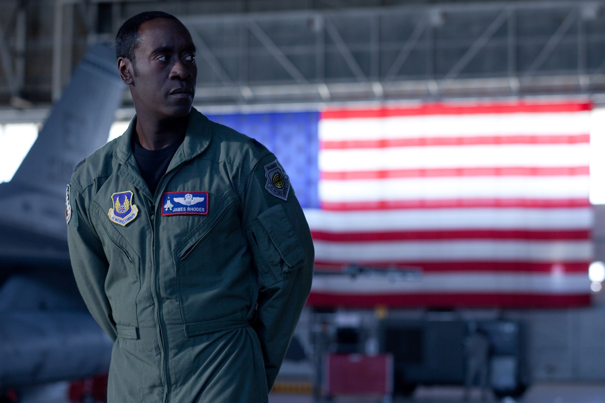 Actor Don Cheadle acts in a scene from Iron Man 2, which hits the theaters on May 7.  Scenes from the movie filmed in Los Angeles and at Edwards AFB featured Airmen as extras.  (Marvel Courtesy Photo) 