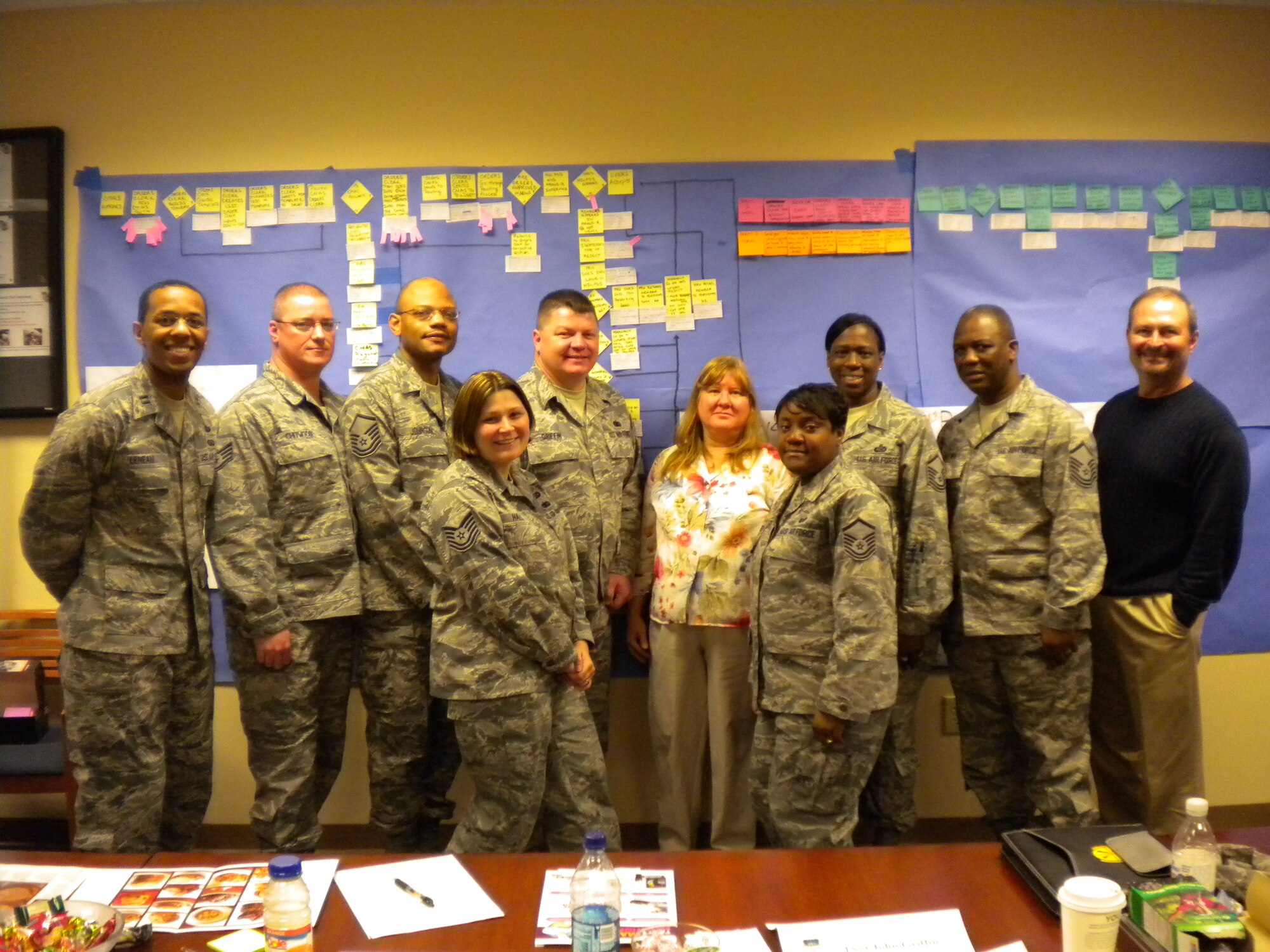 The Air Force Smart Operations 21 Team of the 315th Airlift Wing, Charleston Air Force Base, S.C. met for five days devised solutions to help the families of deployed service members. (Left to Right):  Capt Wayne Leneau (Facilitator), SSgt Brian Chitwood (MSS), MSgt Dawayne Johnson (MSS), TSgt Tiffany Hall (AMXS), TSgt John Griffin (81 APS), Mrs. Cynthia Stegall (701 AS), MSgt Jauwana Montgomery (MSS), MSgt Valerie Langford (MSS), MSgt Bernard Brown (MSS) and Mr. Robert Langston (Mentor, 437 MXG).  