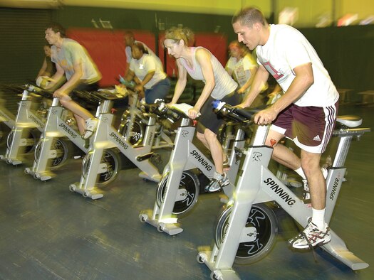 Tinker’s four fitness centers are managed by the 72nd Force Support Squadron’s Sustainment Services Flight. An indoor cycling class at the Bldg. 216 fitness center is a high energy class held daily.(Air Force photo by Margo Wright)

