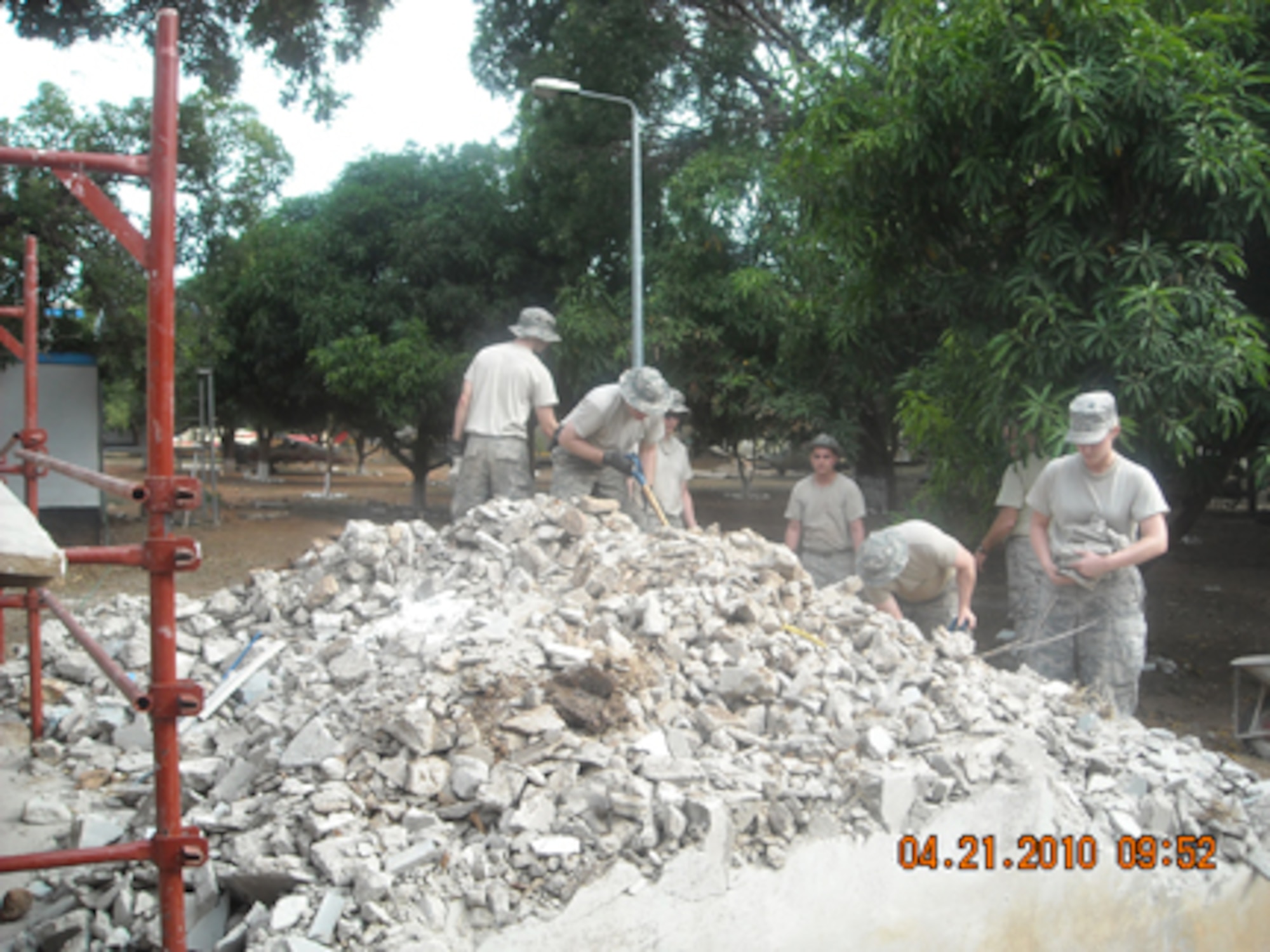 Senior Airman Derek Johansen, of Devils Lake, N.D., and other Airmen with the North Dakota National Guard’s 119th Wing Civil Engineer Squadron work on gutting a building in Accra, Ghana. The Airmen were on a two-week humanitarian mission as part of the Department of Defense-sponsored State Partnership Program. 