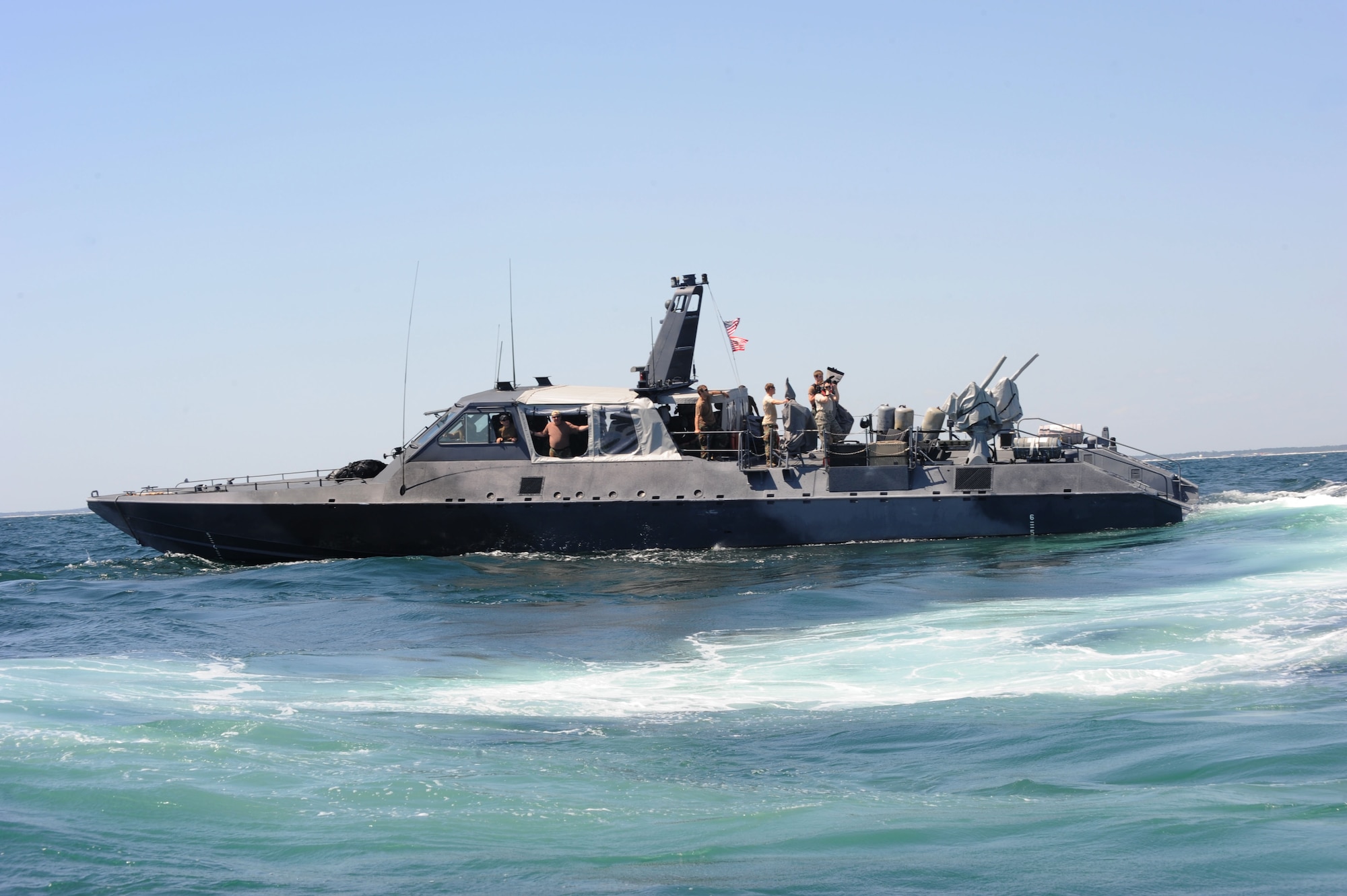 A U.S. Navy Mark V Special Operations Craft carrying members of U.S. Navy Special Boat Team 20 waits in the Gulf of Mexico April 26, 2010. SBT-20, home-ported at Joint Expeditionary Base Little Creek, Va., participated in joint training conducted by the maritime training division of the 1st Special Operations Support Squadron Range Support Flight from Hurlburt Field. (DoD photo by U.S. Air Force Airman Caitlin O'Neil-McKeown)