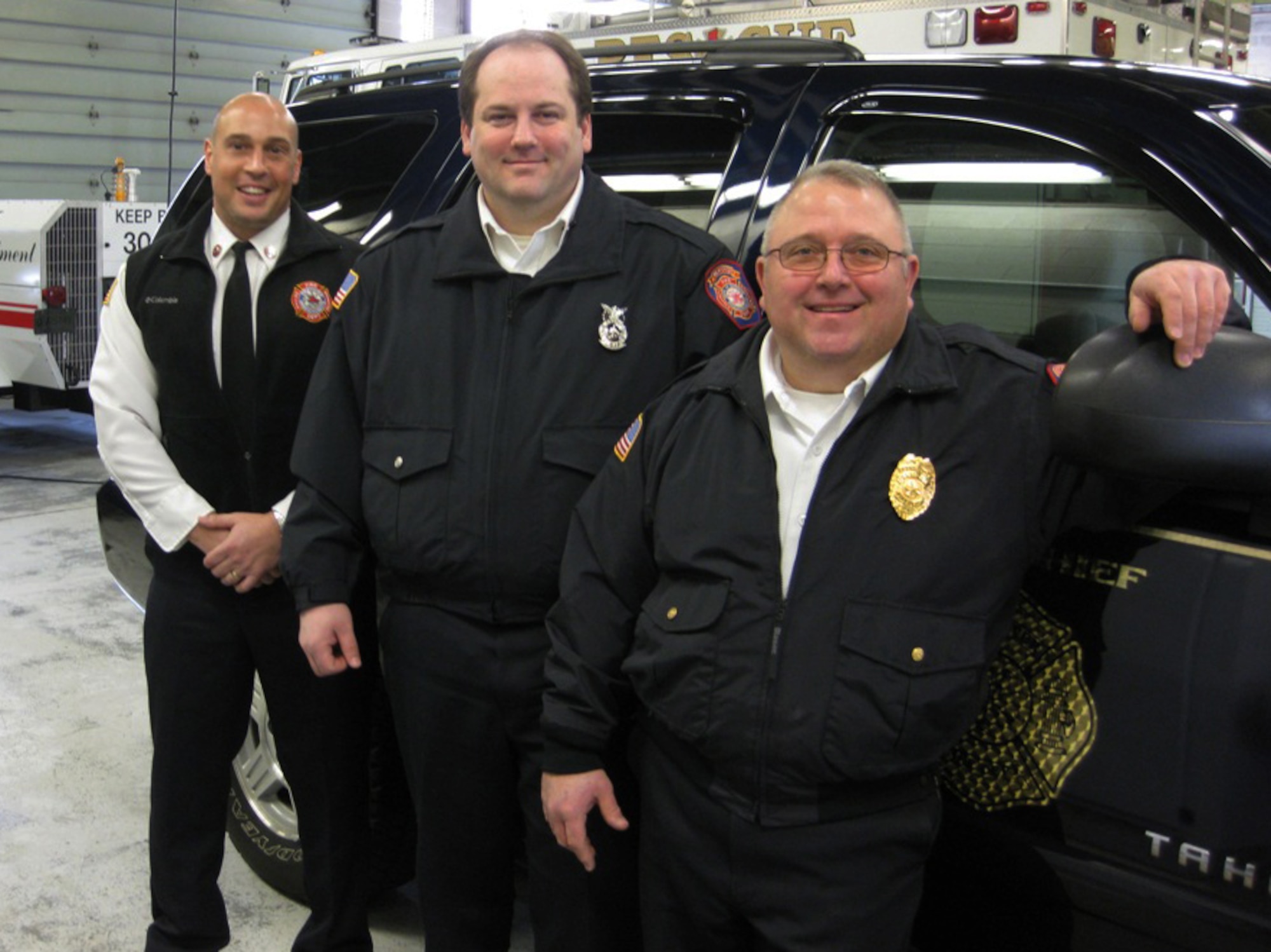 The Westover Fire Prevention team was awarded the 2009 Air Force Reserve Command Fire Prevention Program of the Year.  Members of the team all cited team work with the Westover community as a factor in their award.  Pictured from left to right are Mr. Anthony Carfiro, Mr. Edward Renauld and Mr. Marc Michaud. (Courtesy photo by Mr. Charles Van Gorden)