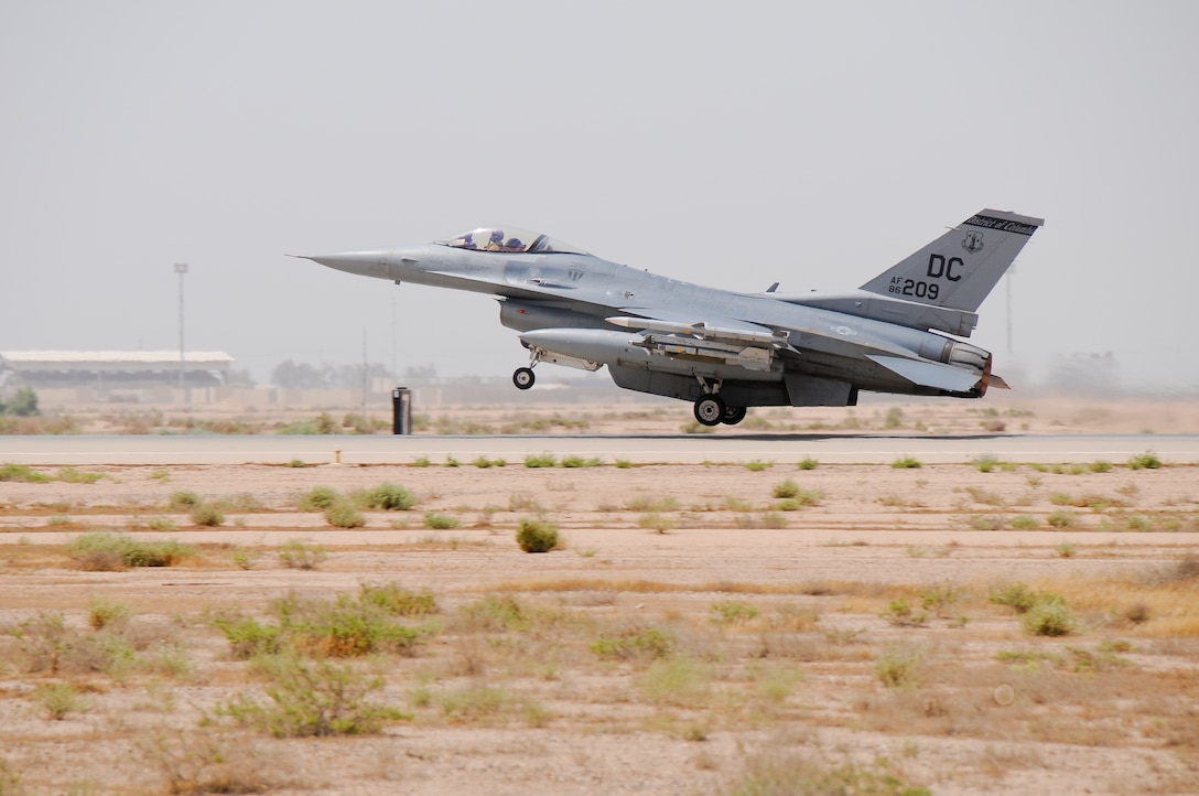 Lt.Col. Bradford "Francis" Everman, 332 Expeditionary Fighter Squadron Commander, lifts off the runway at Joint Base Balad, Iraq in a D.C. Air National Guard F16C+ Fighting Falcon on April 28, 2010. Colonel Everman is also a Flight Commander at the 177th Fighter Wing, New Jersey Air National Guard, located in Egg Harbor Township, NJ.  (U.S. Air Force photo/Master Sgt. Andrew J. Moseley/Released)