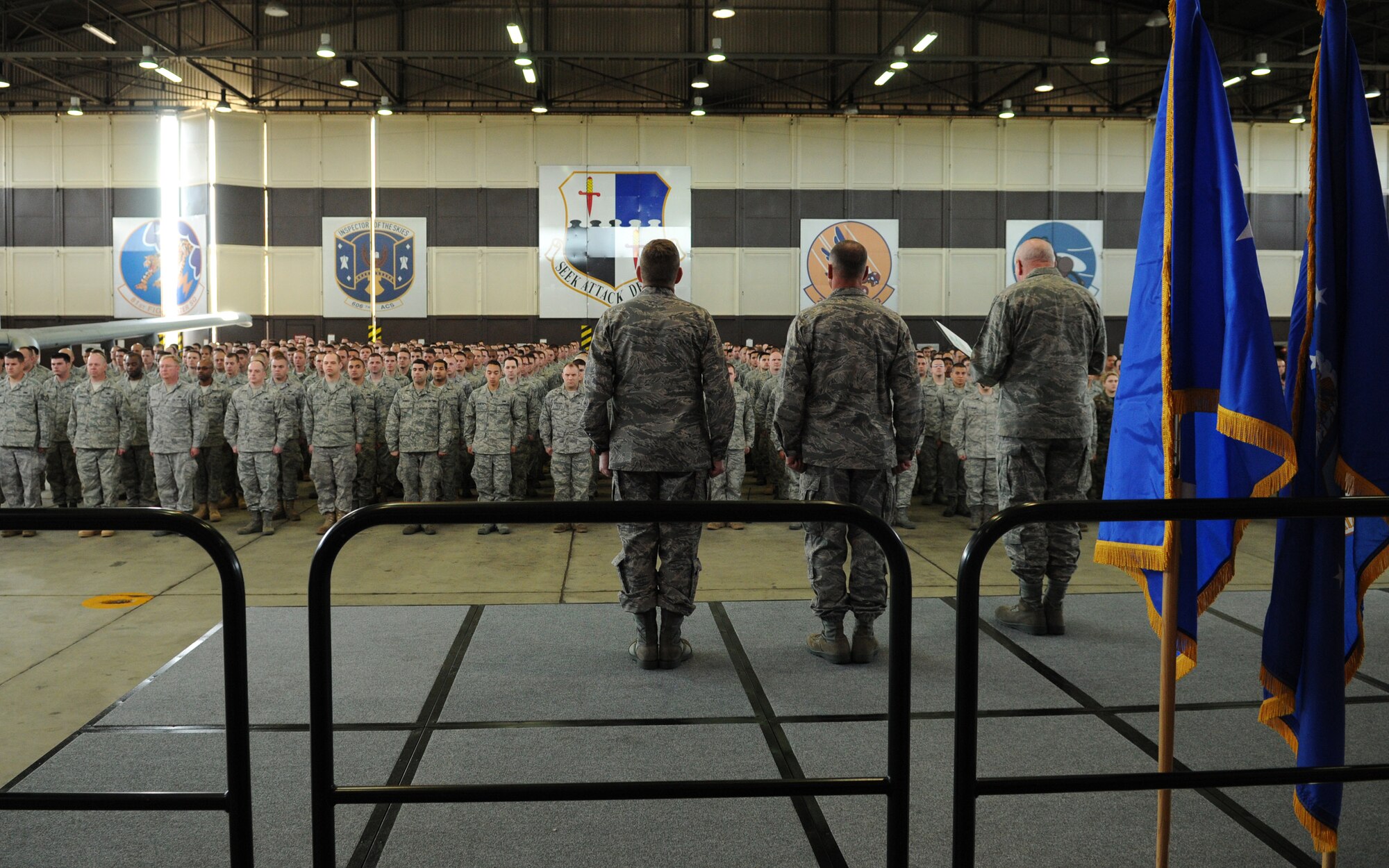 SPANGDAHLEM AIR BASE, Germany – Airmen from the 52nd Maintenance Group stand at attention as Lt. Gen. Loren Reno, Deputy Chief of Staff for Logistics, Installations and Mission Support, reads the citation for the Daedalian trophy May 5. The 52nd MXG was recognized as the best maintenance group in the Air Force, earning the 2009 Maj. Gen. Clements McMullen Memorial Daedalian Weapons System Maintenance Award. (U.S. Air Force photo/Senior Airman Nathanael Callon)