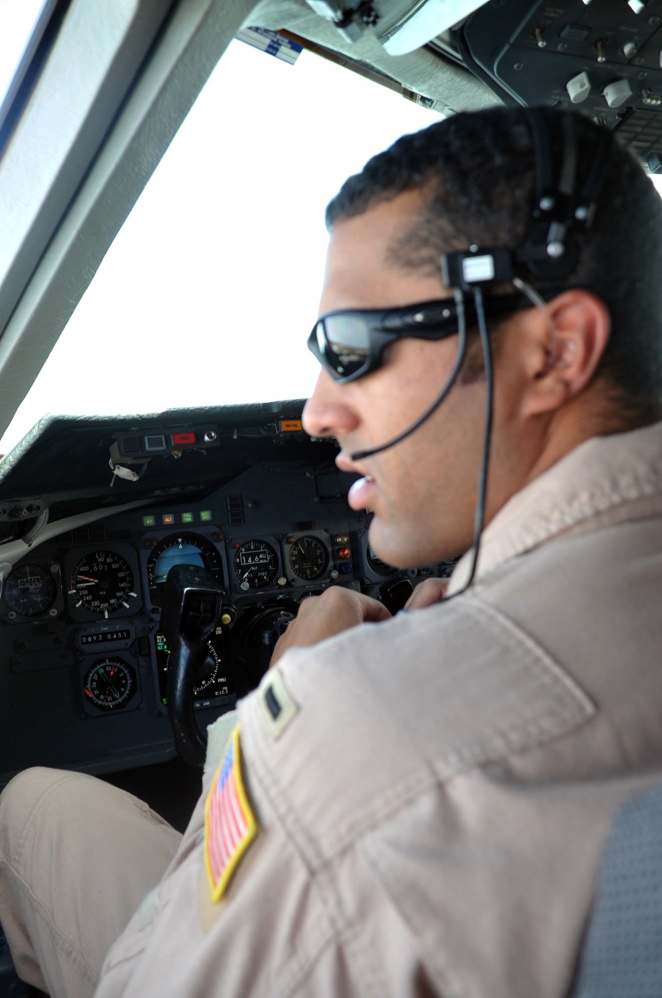 First Lt. Jason Brown, KC-10 Extender tanker pilot with the 908th Expeditionary Air Refueling Squadron, flies a KC-10 on an air refueling mission in the U.S. Central Command area of responsibility in Southwest Asia on April 24, 2010. Lieutenant Brown is deployed from the 2nd Air Refueling Squadron, 305th Air Mobility Wing, Joint Base McGuire-Dix-Lakehurst, N.J., and his hometown is Arvada, Colo. (U.S. Air Force Photo/Master Sgt. Scott T. Sturkol/Released)