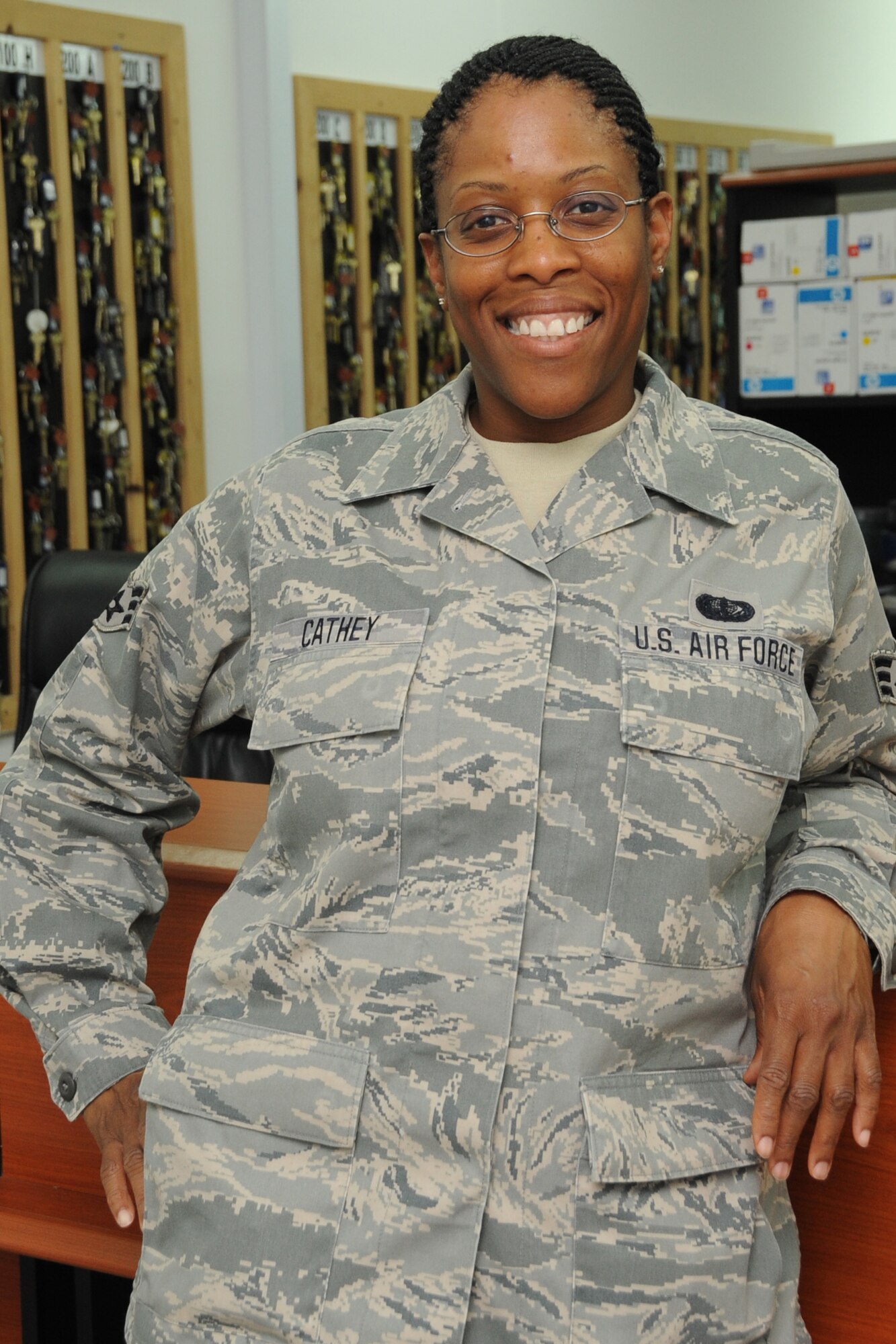 Senior Airman Wytina Cathey, 380th Expeditionary Force Support Squadron Lodging Clerk, " I love you mommy!" Airman Cathey is deployed from the 127th FSS Selfridge ANG, Mich. and is a Native of Clinton Twp, Mich. (U.S. Air Force photo/Senior Airman Jenifer H. Calhoun/Released)
