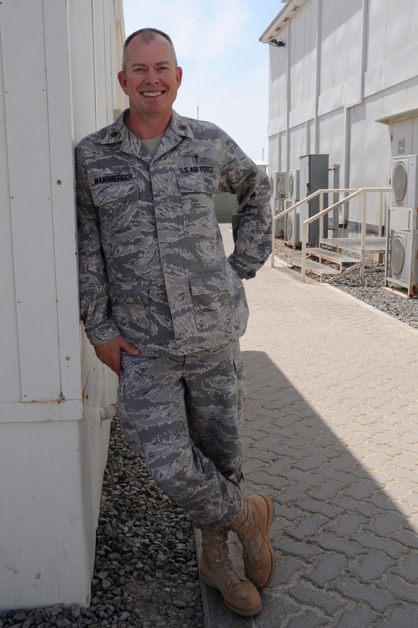Chaplain (Maj.) David Mansberger, 380th Air Expeditionary Wing Chaplain, "Thanks Angel for being the best mother our sons could ever have. I love you." Chaplain Mansberger is deployed from the 377th Air Base Wing, Kirtland AFB, N.M. and is a Native of Athens, Ga. (U.S. Air Force photo/Senior Airman Jenifer H. Calhoun/Released)
