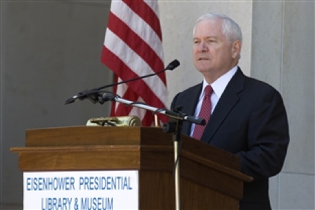 Defense Secretary Robert M. Gates addresses the audience during the Victory in Europe 65th Anniversary Program at the Eisenhower Library in Abilene, Kansas, May 8, 2010. 
