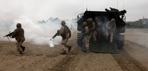 Marines serving with 3rd Battalion, 24th Marine Regiment, pour out of an amphibious assault vehicle to storm Carson Beach in South Boston May 8, 2010, as part of a demonstration to the people of Boston.