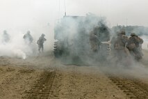 Marines serving with 3rd Battalion, 24th Marine Regiment, pour out of an amphibious assault vehicle to storm Carson Beach in South Boston May 8, 2010, as part of a demonstration to the people of Boston.