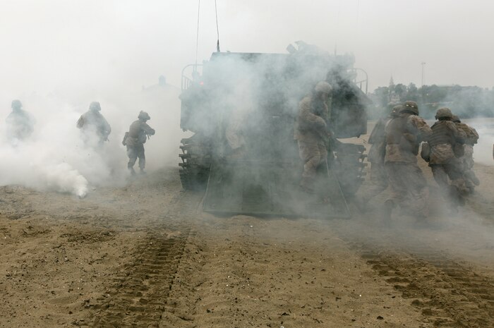 Marines serving with 3rd Battalion, 24th Marine Regiment, pour out of an amphibious assault vehicle to storm Carson Beach in South Boston May 8, 2010, as part of a demonstration to the people of Boston.