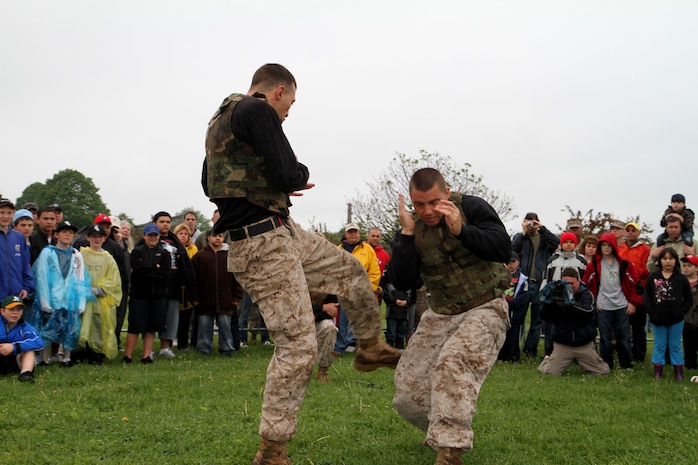 Sgt. Andrew B. Chavis executes a round kick on Sgt. Steven N. Richardson during a Marine Corps Martial Arts Program demonstration at Marine Week family day at Joe Moakley Park in Boston, Mass., May 8, 2010. Chavis and Richardson are both martial arts instructor trainers from Marine Corps Base Quantico, Va.