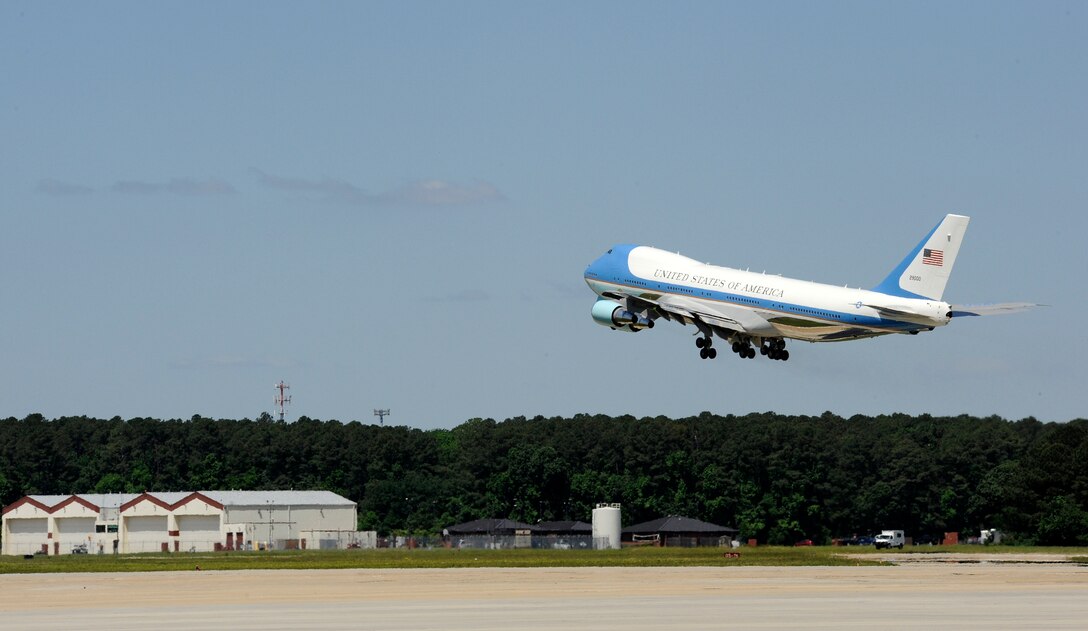 LANGLEY AIR FORCE BASE, Va. -- Air Force One departs Langley May 9. President Barack Obama delivered the commencement address at nearby Hampton University, emphasizing the importance of education and good citizenship to graduates. (U.S. Air Force photo/Senior Airman Dana Hill)