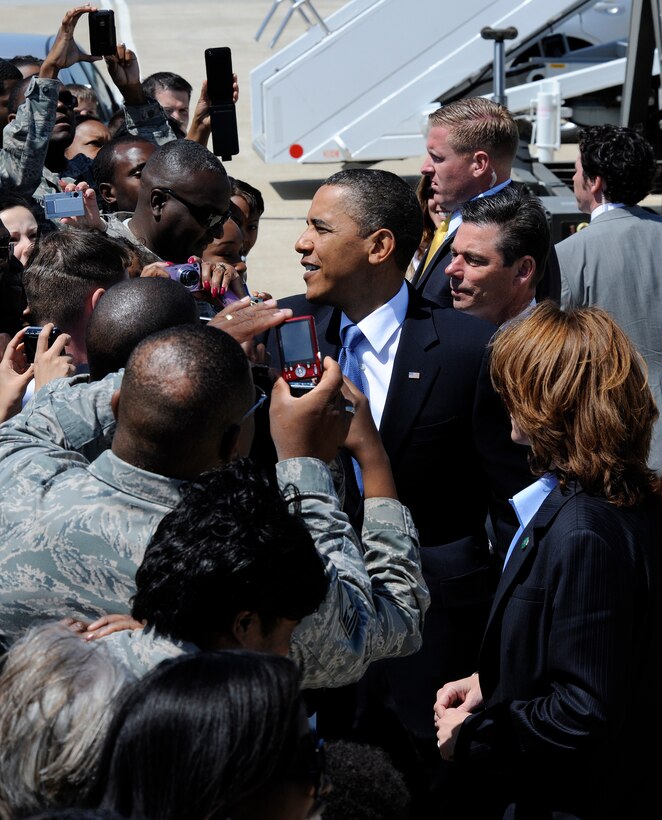 LANGLEY AIR FORCE BASE, Va. -- President Barack Obama greets Team Langley members during a visit May 9. President Obama delivered the commencement address at nearby Hampton University, emphasizing the importance of education and good citizenship to graduates. (U.S. Air Force photo/Senior Airman Dana Hill)
