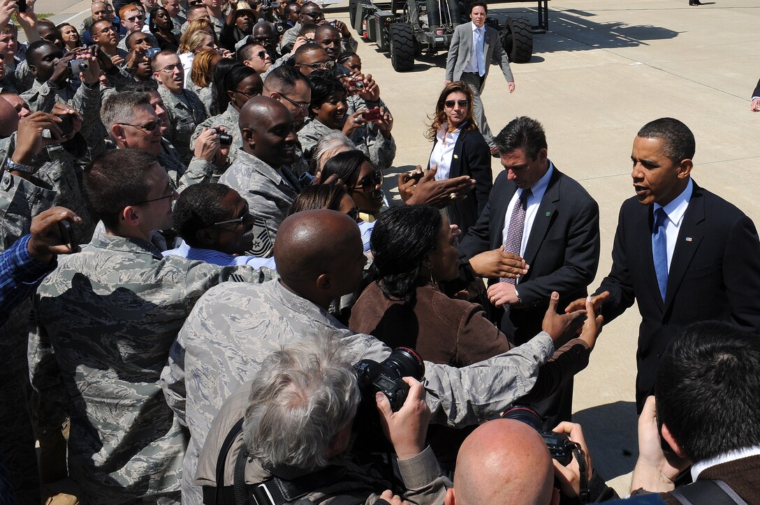 LANGLEY AIR FORCE BASE, Va. -- President Barack Obama greets personnel on the flightline during a visit May 9. President Obama delivered the commencement address at nearby Hampton University, emphasizing the importance of education and good citizenship to graduates. (U.S. Air Force photo/Staff Sgt. Christina M. Styer)