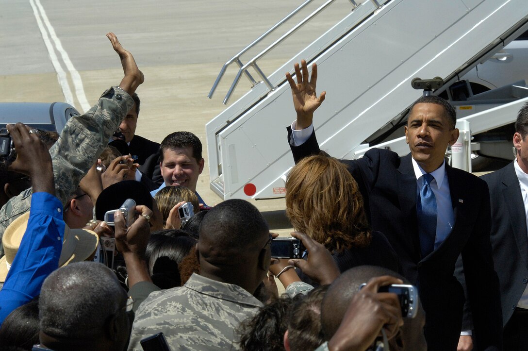 LANGLEY AIR FORCE BASE, Va. -- President Barack Obama greets personnel on the flightline during a visit May 9. President Obama delivered the commencement address at nearby Hampton University, emphasizing the importance of education and good citizenship to graduates. (U.S. Air Force photo/Staff Sgt. Christina M. Styer)