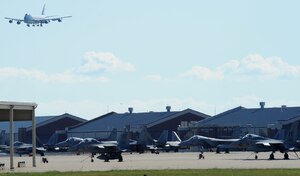 LANGLEY AIR FORCE BASE, Va. -- Air Force One prepares to land on the flightline May 9. President Obama delivered the commencement address at nearby Hampton University, emphasizing the importance of education and good citizenship to graduates. (U.S. Air Force photo/Staff Sgt. Christina M. Styer) 