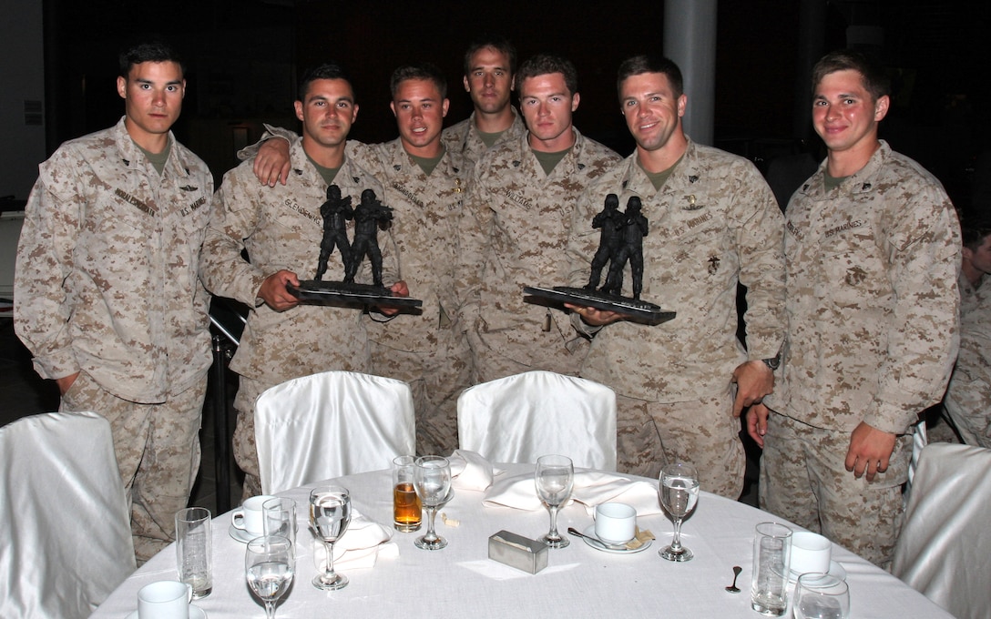 The 24th Marine Expeditionary Unit’s Battalion Reconnaissance team poses with their trophies after earning third place in the 2nd Annual Warrior Competition hosted by King Abdullah II Special Operations Training Center (KASOTC) in Jordan May 9, 2010.  The Force Reconnaissance team, long with a team from the battalion reconnaissance platoon from Battalion Landing Team 1st Bn, 9th Marine Regt, (both assigned to the 24th Marine Expeditionary Unit)competed in various relays against Special Forces units from foreign countries, testing their communication, marksmanship and team work.  The 24th MEU is currently on a seven-month deployment with the Nassau Amphibious Ready Group, and is currently serving as the theatre reserve force for Central Command.   (U.S. Marine Corps photo by Sgt. Alex C Sauceda)::r::::n::::r::::n::