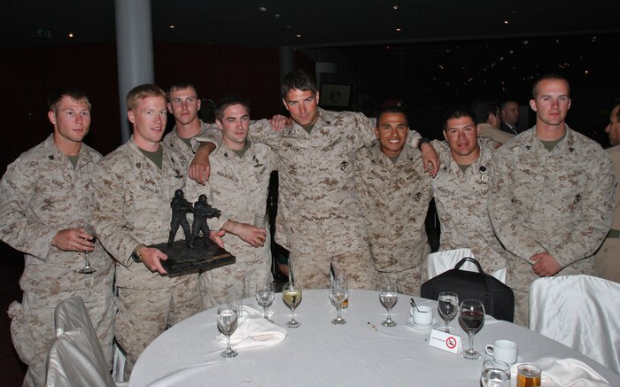 The 24th Marine Expeditionary Unit’s Force Reconnaissance team poses with their trophy after earning first place in the 2nd Annual Warrior Competition hosted by King Abdullah II Special Operations Training Center (KASOTC) in Jordan May 9, 2010.  A team from the Force Reconnaissance Platoon and a team from the Battalion Recon Platoon competed in various relays against Special Forces units from foreign countries, testing their communication, marksmanship and team work.  The 24th MEU is currently on a seven-month deployment with the Nassau Amphibious Ready Group, and is currently serving as the theatre reserve force for Central Command.   (U.S. Marine Corps photo by Sgt. Alex C Sauceda)::r::::n::::r::::n::