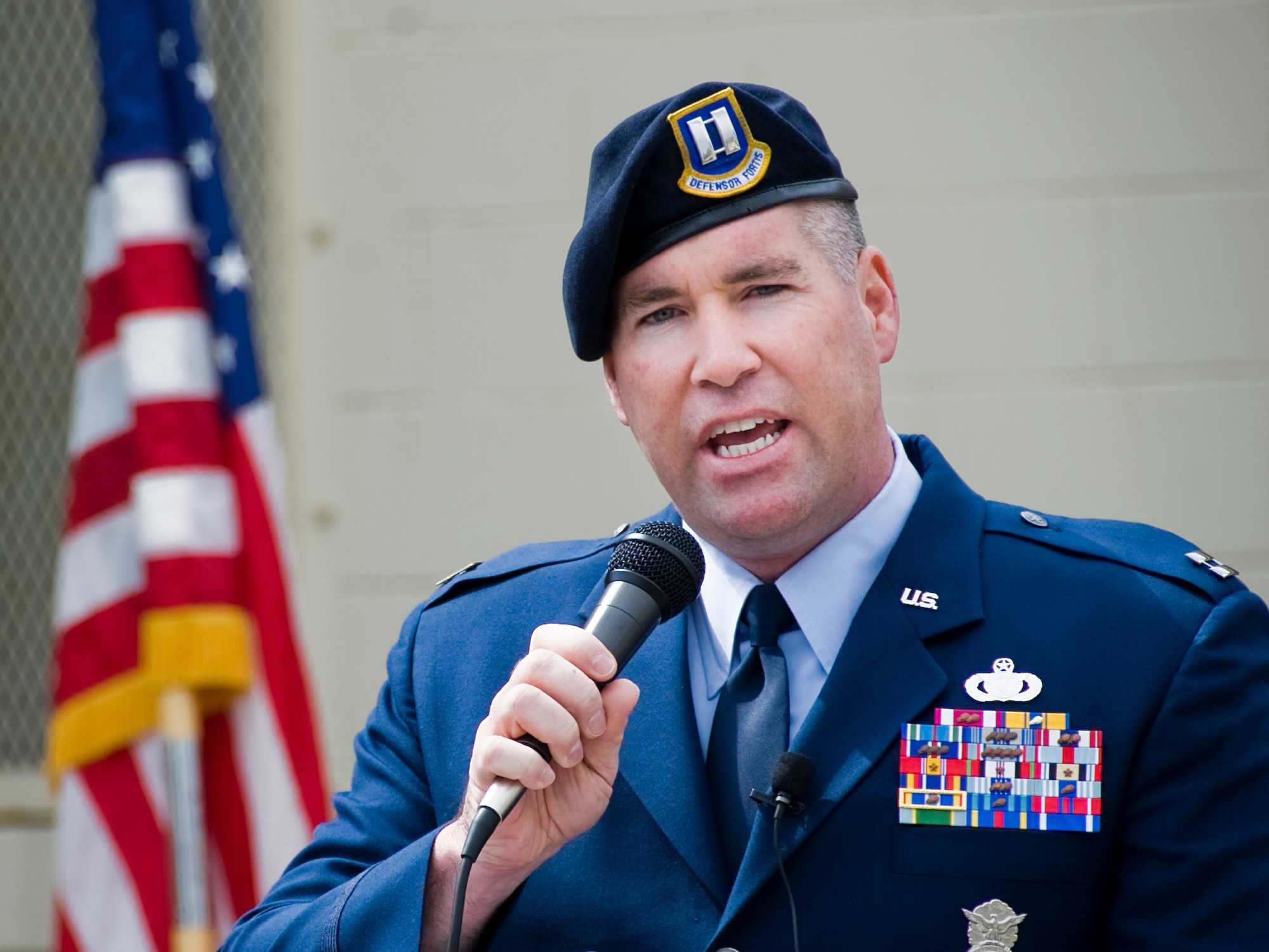 MISAWA AIR BASE, Japan -- Capt. Leo Martin, 35th Security Forces Squadron commander, gives remarks during Misawa's 2010 National Police Week opening ceremony May 10. During the week, the 35th SFS will reflect on those who made the ultimate sacrifice in the line of duty. The squadron will host activities to strengthen relationships with the community and fellow peace officers from the Air Force Office of Special Investigations, Navy, Japanese Air Self-Defense Force and Japanese National Police. Events include a vehicle and weapons demonstration, children finger printing, an Air Base Defense Challenge competition and a dodge-ball tournament. The 35th SFS will wrap up the week with a retreat ceremony at Risner Circle, 4 p.m., Friday. (U.S. Air Force photo/Senior Airman Jamal D. Sutter)