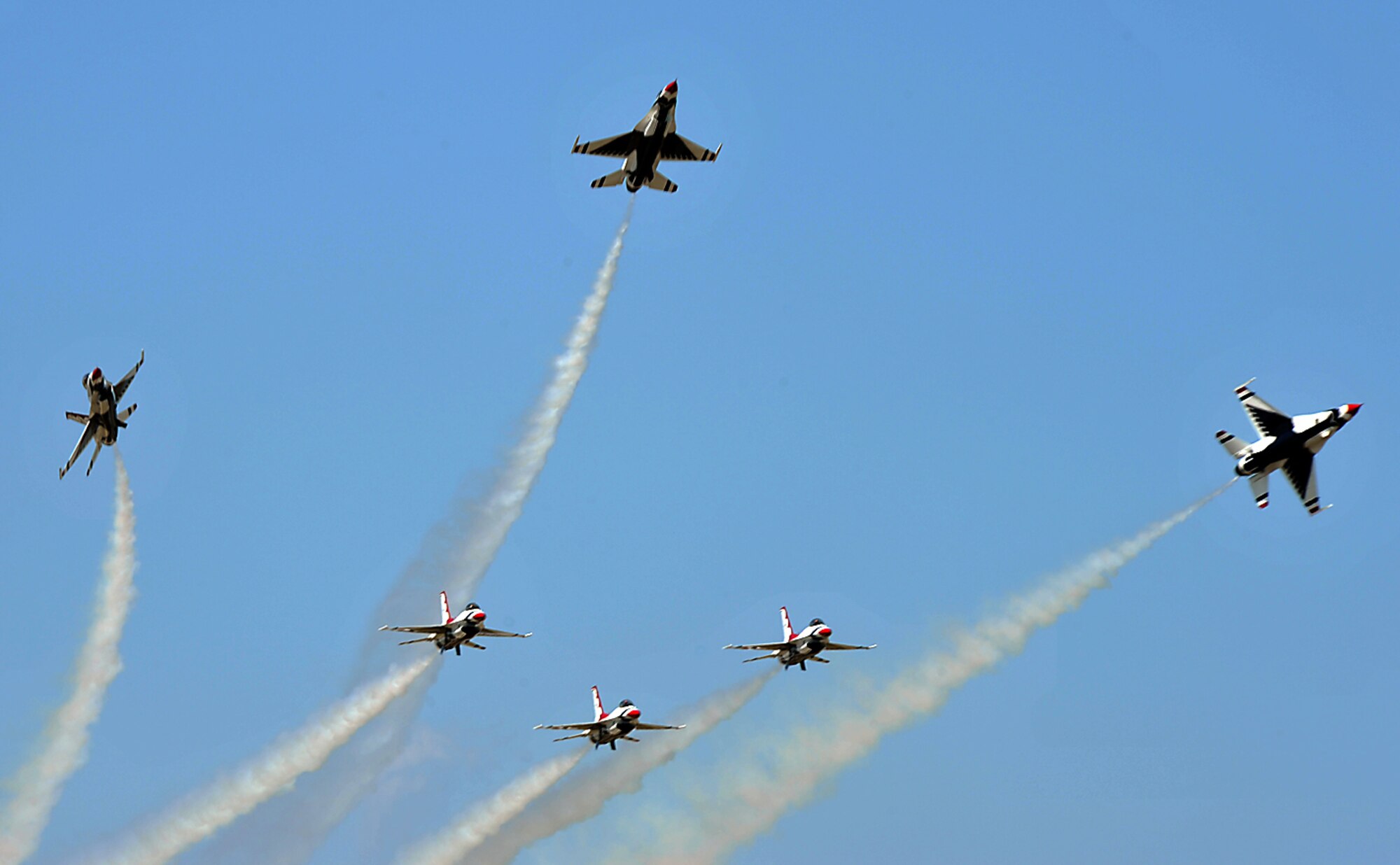 100508-F-4406D-229 
SHAW AIR FORCE BASE, S.C.-More than 80, 000 people attended ShawFest, the biennial air show held here May 8-9, 2010.  Shaw presented numerous static displays of various aircraft for all spectators to view and to tour through. The famous Thunderbirds closed out the show with numerous aerobatics that left the crowd impressed. (U.S. Air Force photo/Airman 1st Class Tabatha L. Duarte)