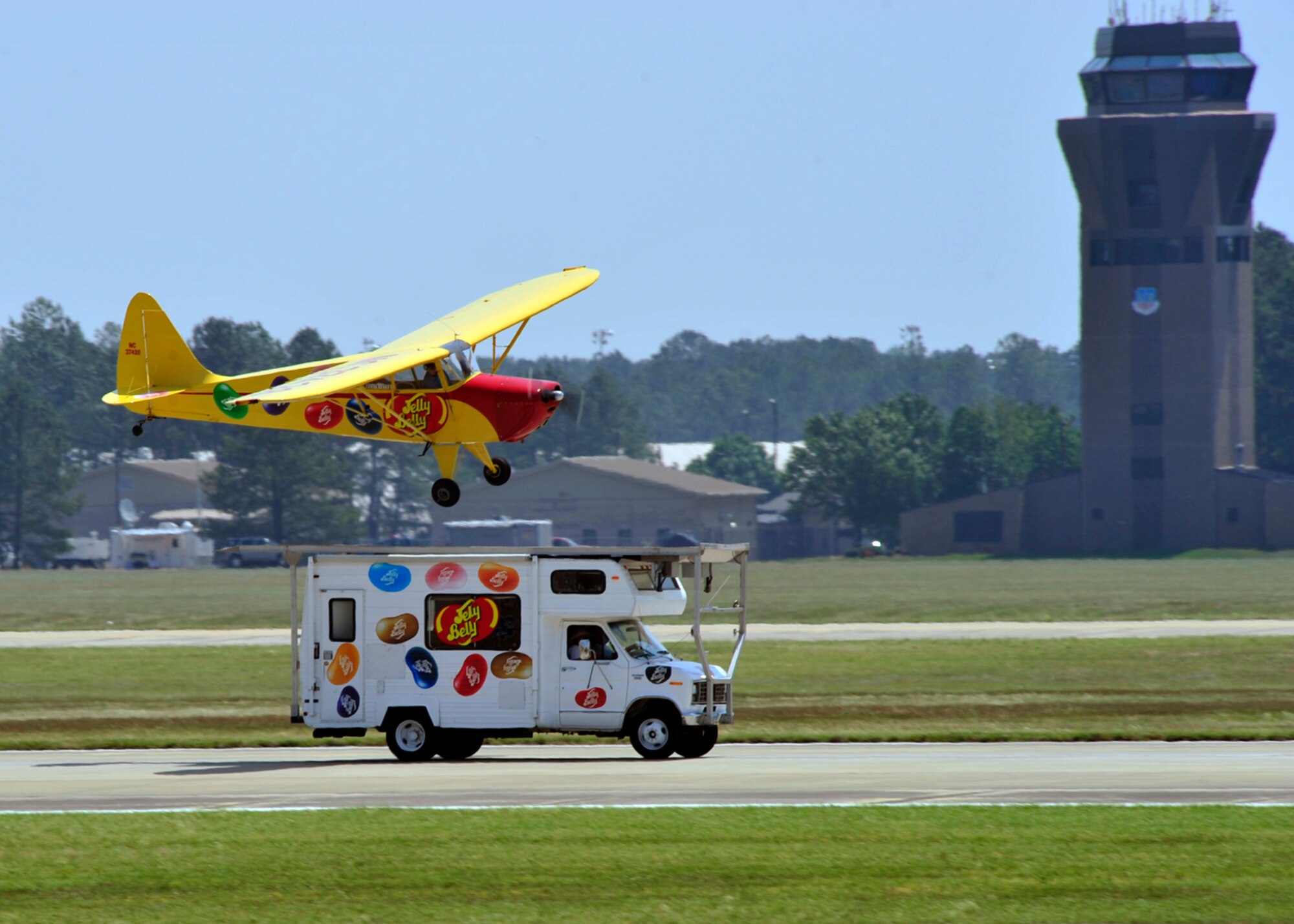 100508-F-4983M-159
SHAW AIR FORCE BASE, S.C. - Jelly Belly, a modified 1946 Taylorcraft, tries to land on the Jelly Belly RV. It performed for ShawFest 2010. ShawFest is held every other year, with many different performances and static aircraft displays. (U.S. Air Force photo/Staff Sgt Patrick Mitchell)