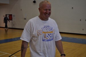LANGLEY AIR FORCE BASE, Va. -- Senior Master Sgt. Kevin Drake, 735th Supply Chain Management Group first sergeant, smiles following his final weigh-in at the 2010 Langley's Biggest Loser finale. Drake took first place in the men's competition with a 23 percent weight loss. (Courtesy photo)