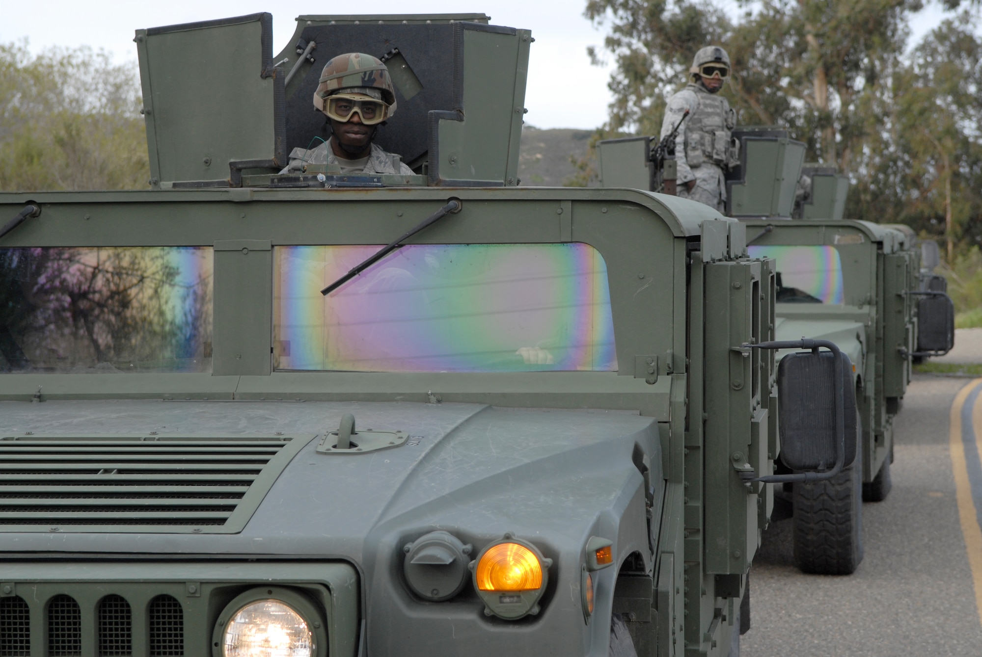 VANDENBERG AIR FORCE BASE, Calif. -- Airmen of the 30th Security Forces Squadron Delta Flight participate in a combat readiness training course here Tuesday, Feb. 23, 2010.  The training involved convoy tactics, defensive fighting positions and close-quarter battle situations.  (U.S. Air Force photo/Senior Airman Andrew Satran) 

 