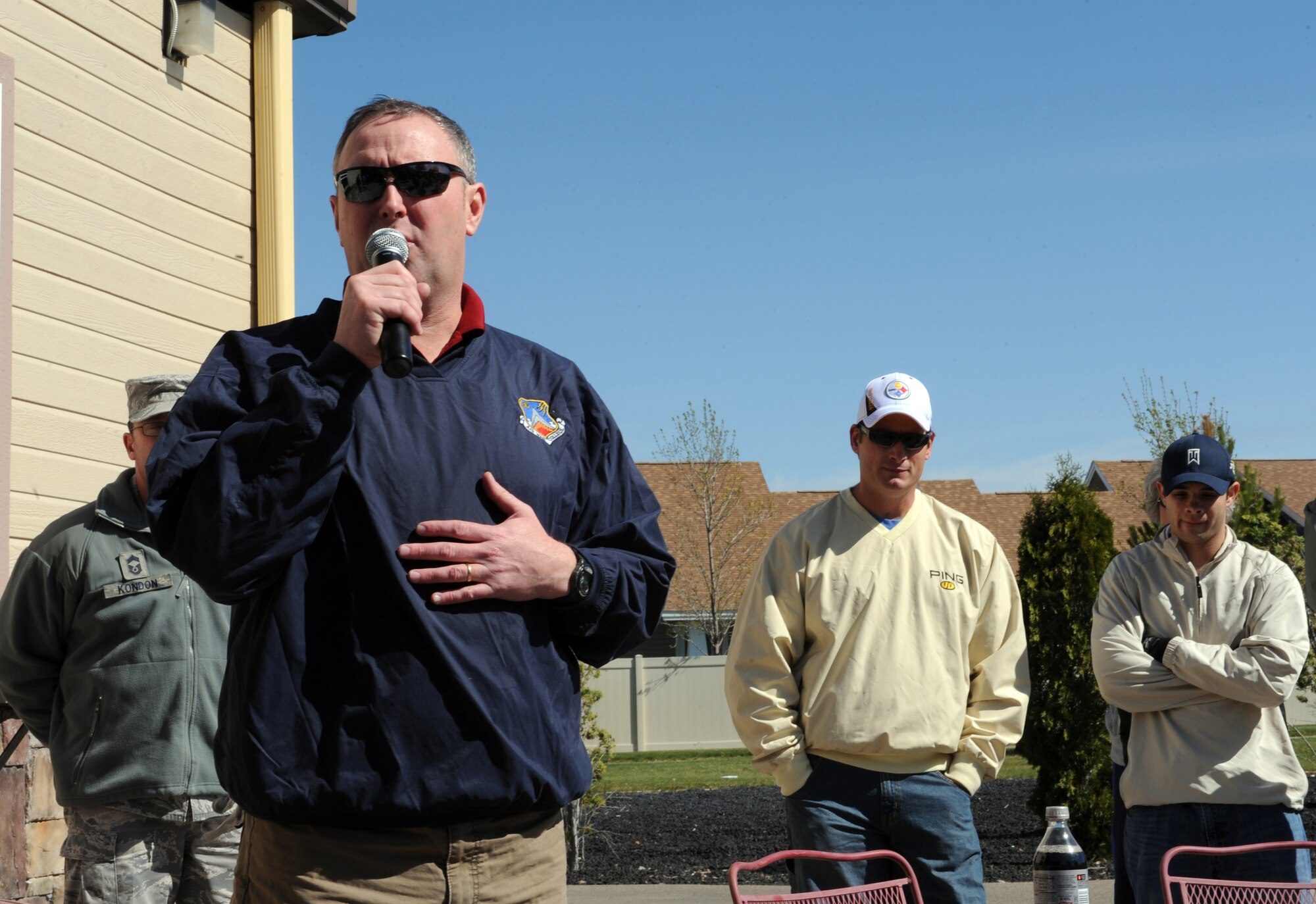 MOUNTAIN HOME AIR FORCE BASE, Idaho – Col. James McGovern, 366th Operations Group commander, speaks to the teams participating in the Air Force Assistant Fund golf tournament at the Silver Sage Golf Course May 7. According to www.afassistancefund.org, the AFAF was established to provide an annual effort to raise funds for charitable affiliates such as: Air Force Village Foundation, Air Force Aid Society Inc., the General and Mrs. Curtis E. LeMay Foundation and the Air Force enlisted Village Inc. which provide direct support to service members and their families. (U.S. Air Force photo by Airman 1st Class Debbie Lockhart)