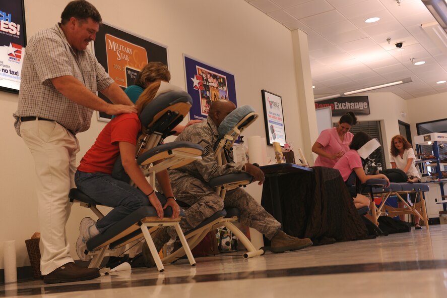 MOODY AIR FORCE BASE, Ga. -- Local massage therapists came to the Base Exchange to give free massages to military spouses here May 7. The event was open from 10 a.m. to 4 p.m. (U.S. Air Force photo by Airman 1st Class Benjamin Wiseman/RELEASED)