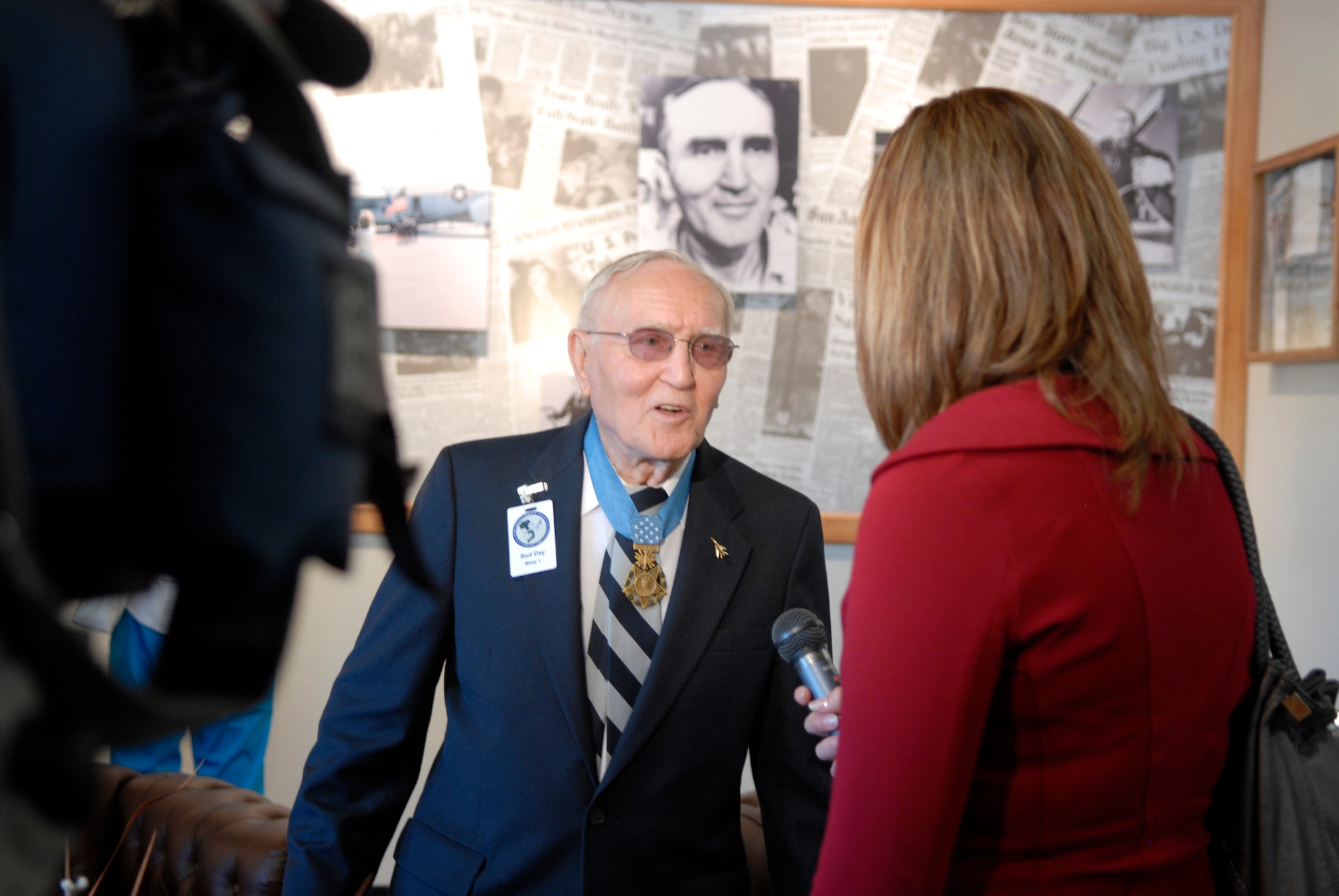 GOODFELLOW AIR FORCE BASE, Texas – Retired Col. George E. “Bud” Day is interviewed by local media, May 7, 2010. Two Visiting Officer Quarters were named in honor of Colonels Day and Leo K. Thorsness, both of whom received the Medal of Honor for actions while serving in Vietnam. (U.S. Air Force photo/Lou Czarnecki)