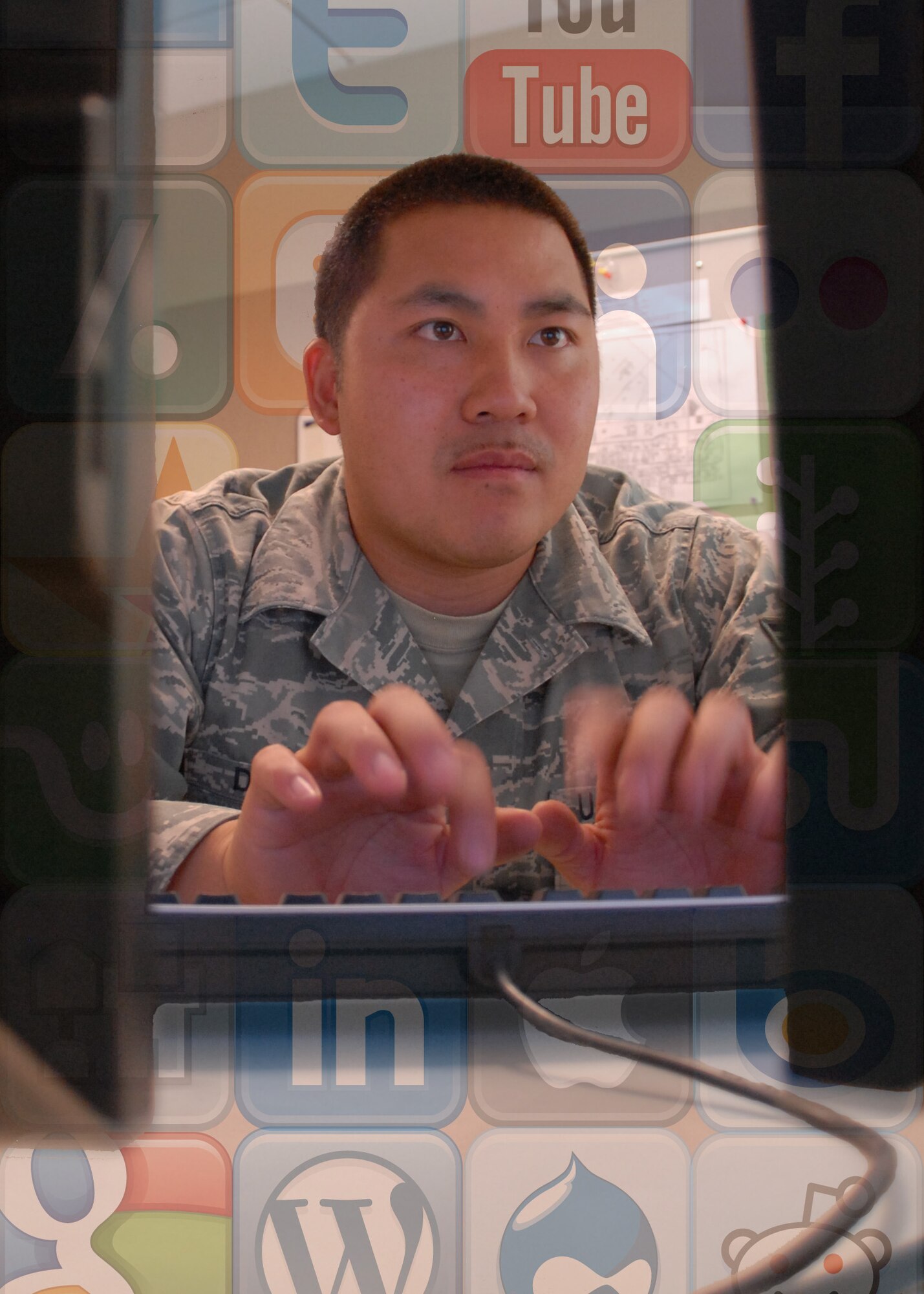 Air Education and Training Command officials authorized access to 29 social media sites like Facebook, Twitter and Gmail, on government computers in April. Personnel must have their supervisor's authorization prior to accessing these sites and must follow Directive-Type Memorandum 09-026 and Air Force Instruction 33-129. (U.S. Air Force photo illustration/Senior Airman Tong Duong)