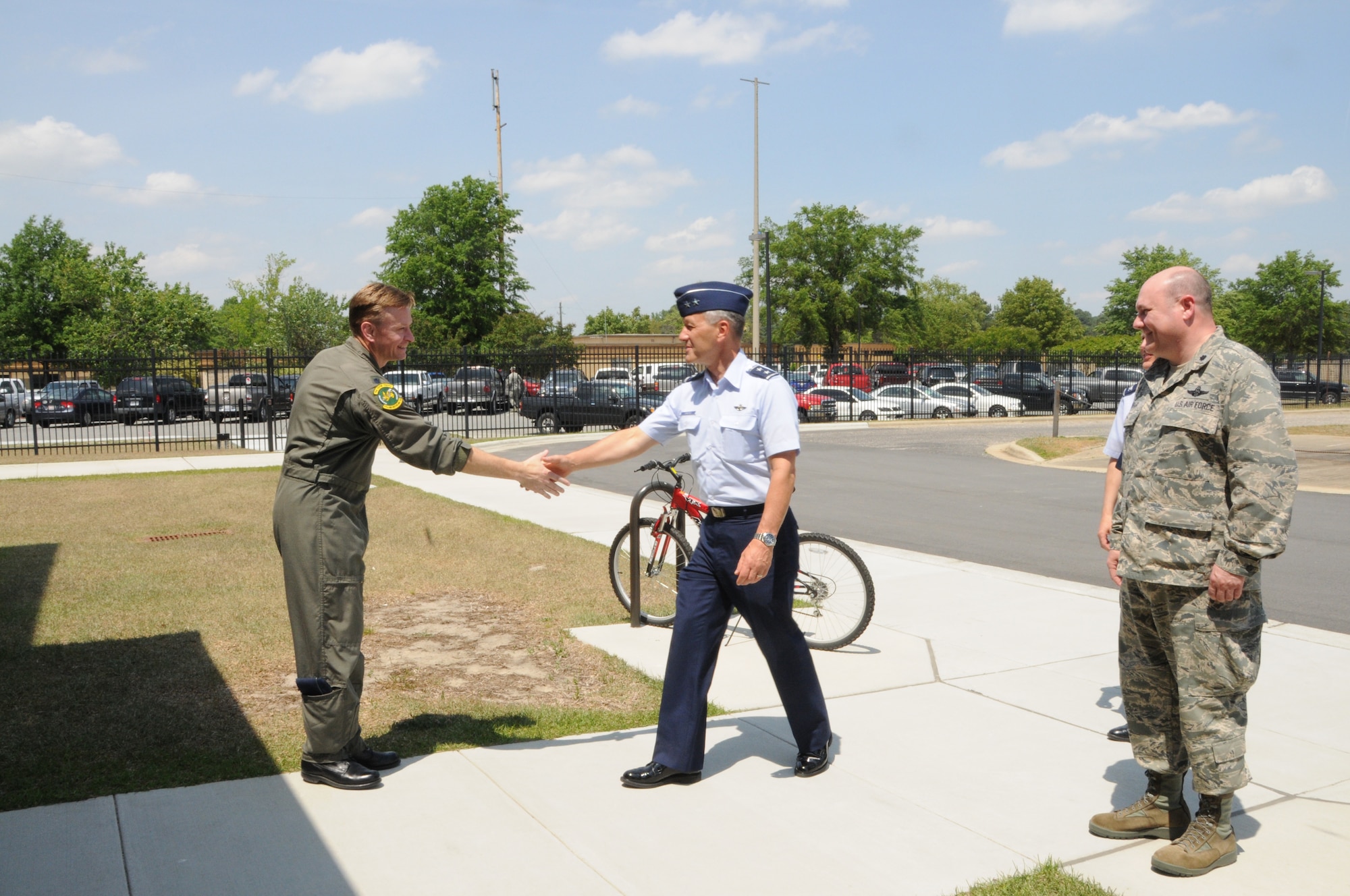 Maj. Gen. Eric Crabtree, commander of 4th Air Force, is greeted by members of the 77th Air Refueling Squadron in early May. General Crabtree toured the 916th ARW after presiding over the change of command ceremony. (USAF photo by TSgt. Scotty Sweatt, 916ARW/PA)
