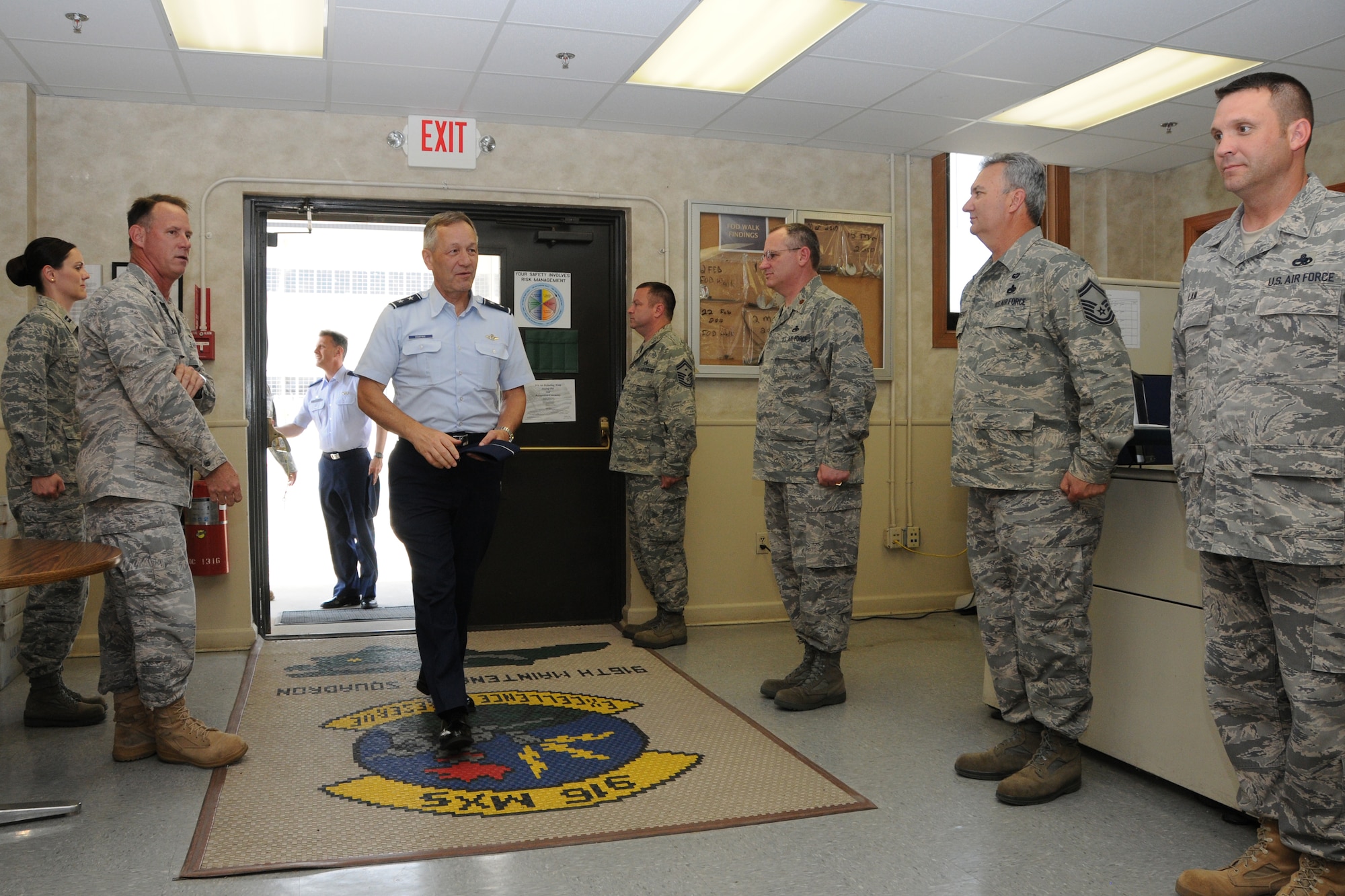 Maj. Gen. Crabtree, commander of 4th Air Force, enters the 916th Maintenance Group Headquarters for a tour during his visit here in early May. (USAF photo by TSgt. Scotty Sweatt, 916ARW/PA)