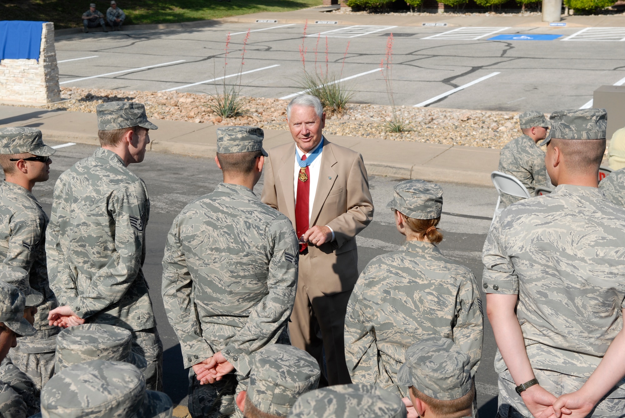 GOODFELLOW AIR FORCE BASE, Texas – Retired Col. Leo K. Thorsness, Medal of Honor recipient, speaks with Goodfellow Airmen, May 7,2010. Two Visiting Officer Quarters were named in honor of retired Colonels Thorsness and George E. “Bud” Day, both of whom received the Medal of Honor for actions while serving in Vietnam. (U.S. Air Force photo/Lou Czarnecki)