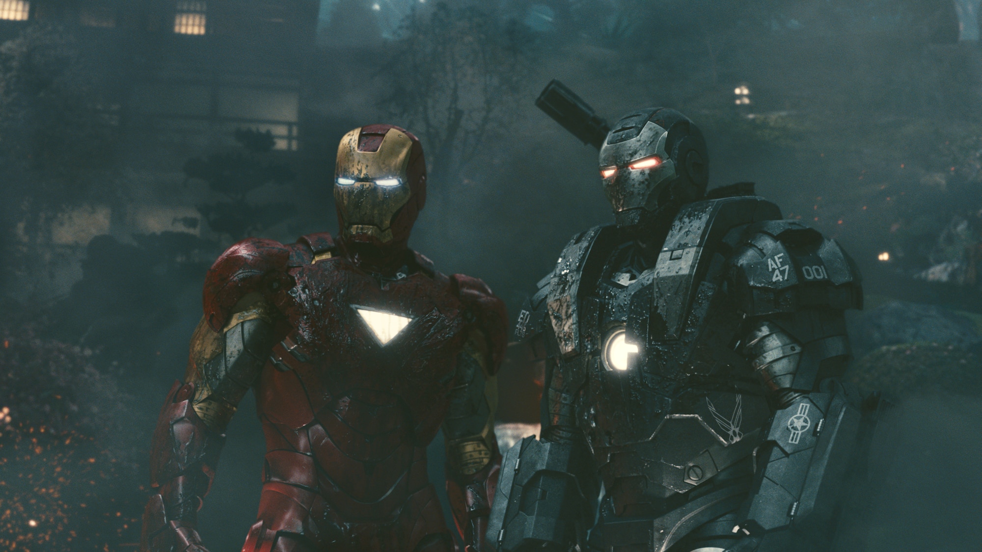 The characters Iron Man (left) and War Machine (right) are featured in the film "Iron Man 2". The Air Force agreed to participate in the film because it was an opportunity to highlight their capabilities and showcase Airmen to a world-wide audience. War Machine is marked with official Air Force symbols, including the Air Force logo. An exclusive screening was shown to Sheppard Air Force Base, Texas, and two other bases May 6, 2010. (Photo courtesy/ Industrial Light & Magic / Marvel)