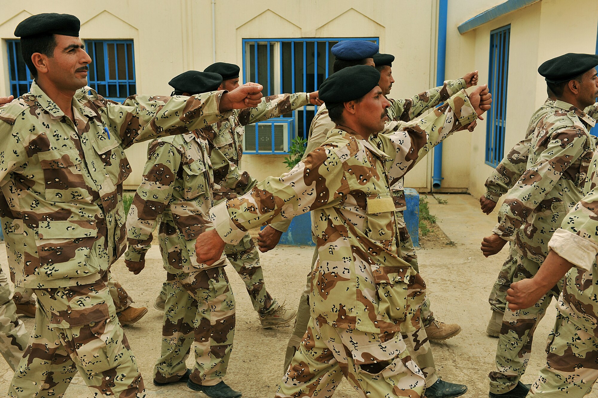 Iraqi Air Force airmen practice marching at Camp Taji, Iraq, April 18, 2010. The Iraqi airmen volunteered to return to active duty through the rehire program by the Ministry of Defense.  (U.S. Air Force photo/Staff Sgt Quinton Russ/released)