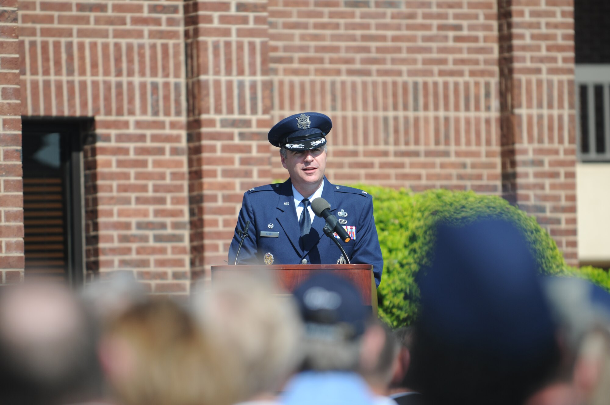 GOODFELLOW AIR FORCE BASE, Texas -- Colonel Thomas Geary, 17th Training Wing commander, speaks at the dedication ceremony honoring Medal of Honor recipients, retired Air Force Colonels George E. “Bud” Day and Leo K. Thorsness, May 7, 2010. (U.S. Air Force photo/Airman 1st Class Clayton Lenhardt)