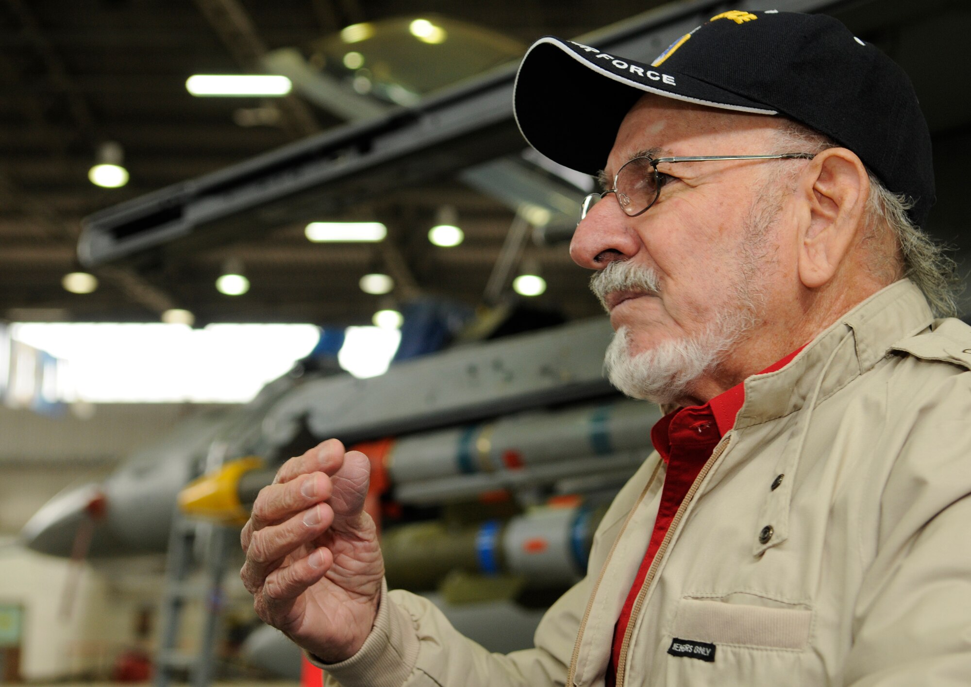 SPANGDAHLEM AIR BASE, Germany – Omar Garcia recounts his days in Germany during an interview May 7. Mr. Garcia was the first crew chief to be stationed at Spangdahlem and worked on the L-5 Sentinel from 1951 to 1954. (U.S. Air Force photo/Senior Airman Benjamin Wilson)