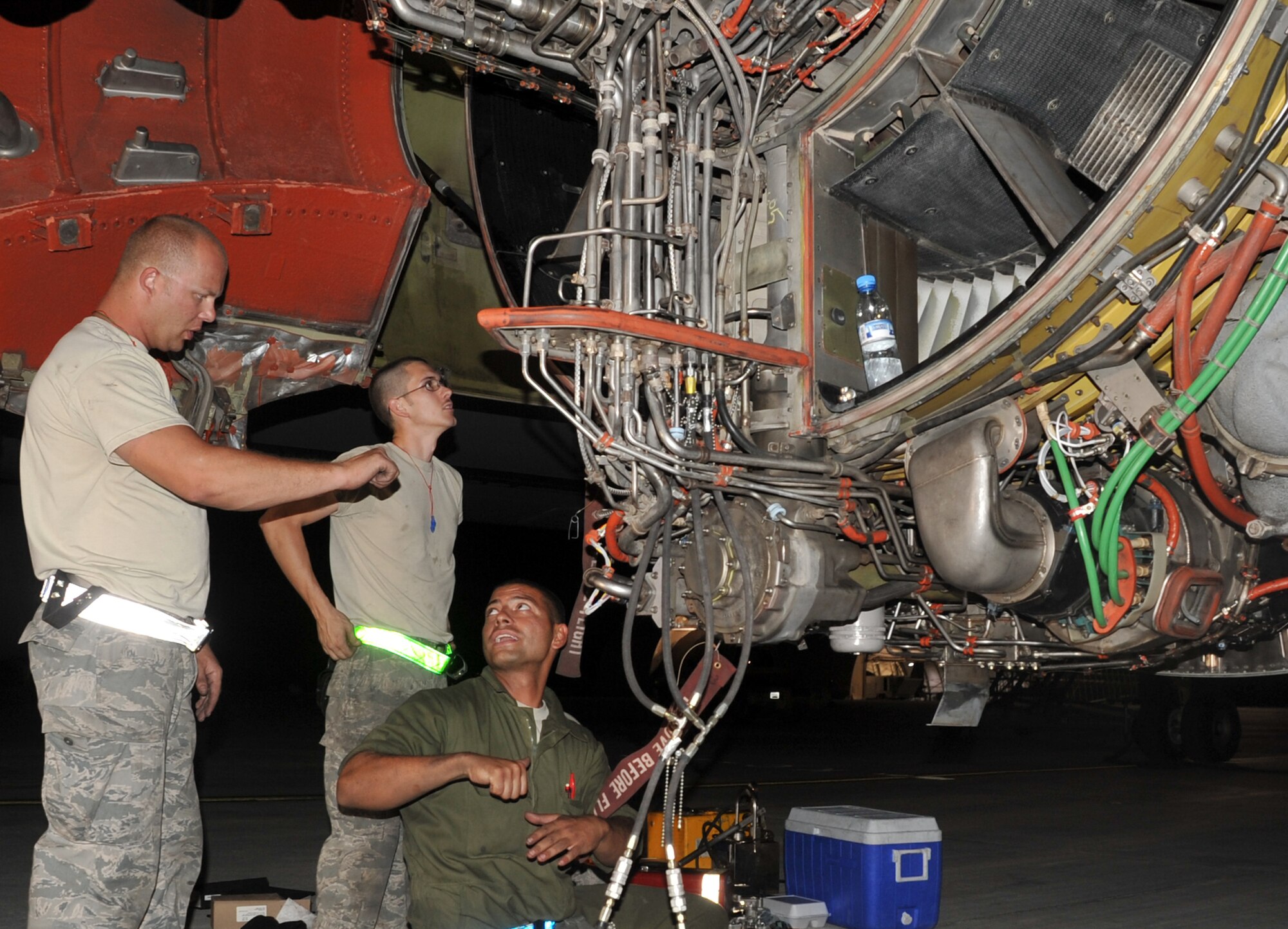 Maintenance Airmen from the 380th Expeditionary Aircraft Maintenance Squadron's Extender aircraft maintenance unit work on a KC-10 Extender during operations for the 380th Air Expeditionary Wing at a non-disclosed base in Southwest Asia on May 1, 2010.  The 380th EAMXS, as part of the 380th AEW, supports operations Iraqi Freedom and Enduring Freedom and the Combined Joint Task Force-Horn of Africa. (U.S. Air Force Photo/Master Sgt. Scott T. Sturkol/Released)
