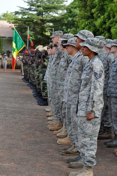 BAMAKO, Mali – Members of the 352nd Special Operations Group, RAF Mildenhall, United Kingdom, stand in formation with members of the Republic of Mali and U.S. Army forces at the opening ceremony for Exercise Flintlock 10, held here, May 3.  Flintlock 10 is an annual exercise aimed at strengthening security and stability in the Trans-Saharan area.  About 1,200 European, African Partner Nation and U.S. participants from 14 nations are involved in military interoperability activities across the Trans-Saharan region during this event. The exercise runs through May 23.  (U.S. Air Force photo/Tech. Sgt. Marelise Wood)  