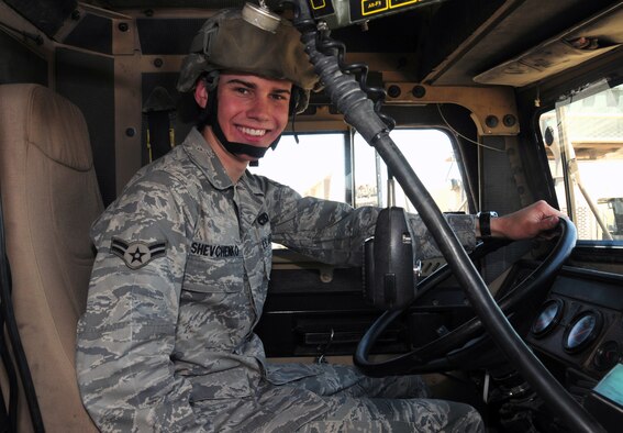 U.S. Air Force Airman 1st Class Anton Shevchenko, 586th Air Expeditionary Group truck and trailer operator, is a Lewisburg, Penn. native deployed from Moody Air Force Base, Ga. (U.S. Air Force photo by Staff Sgt. Lakisha A. Croley/Released)