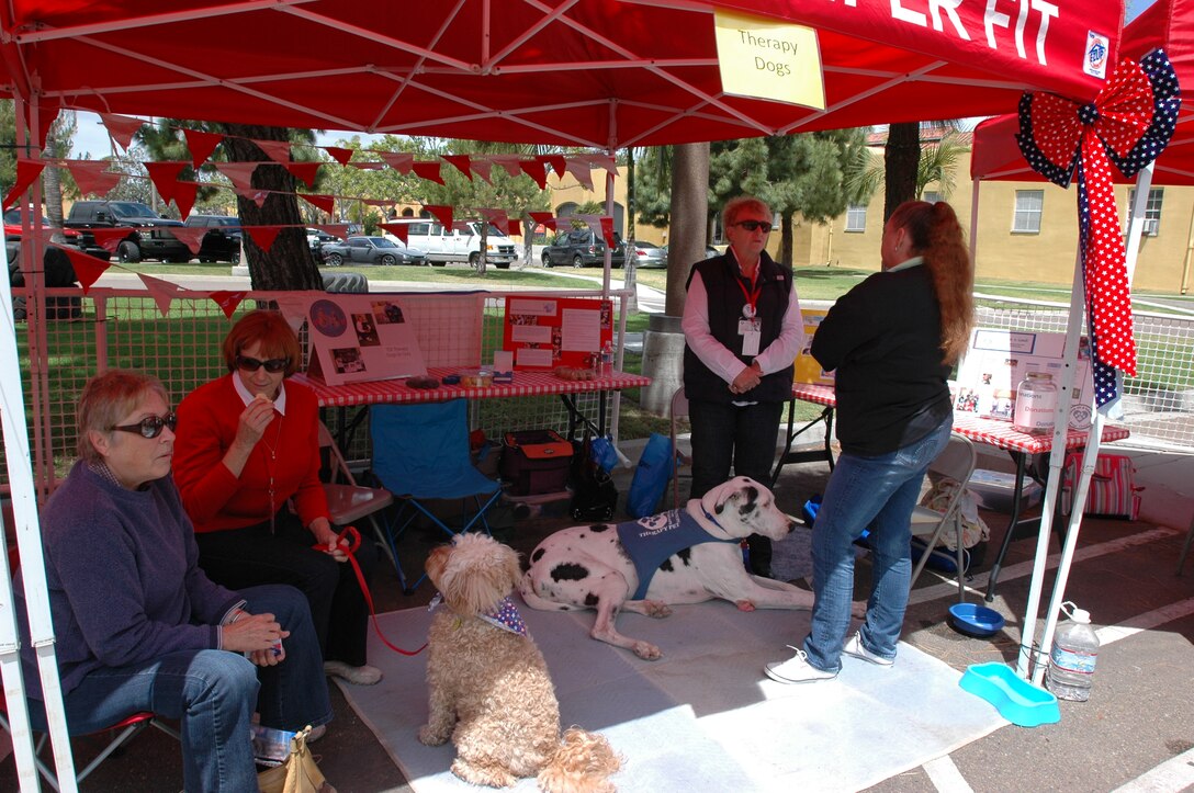 Several women sit with two therapy dogs at their booth at the Fitness and Wellness Expo on Tuesday, May 11. There were also several therapy dogs strolling around the expo.
