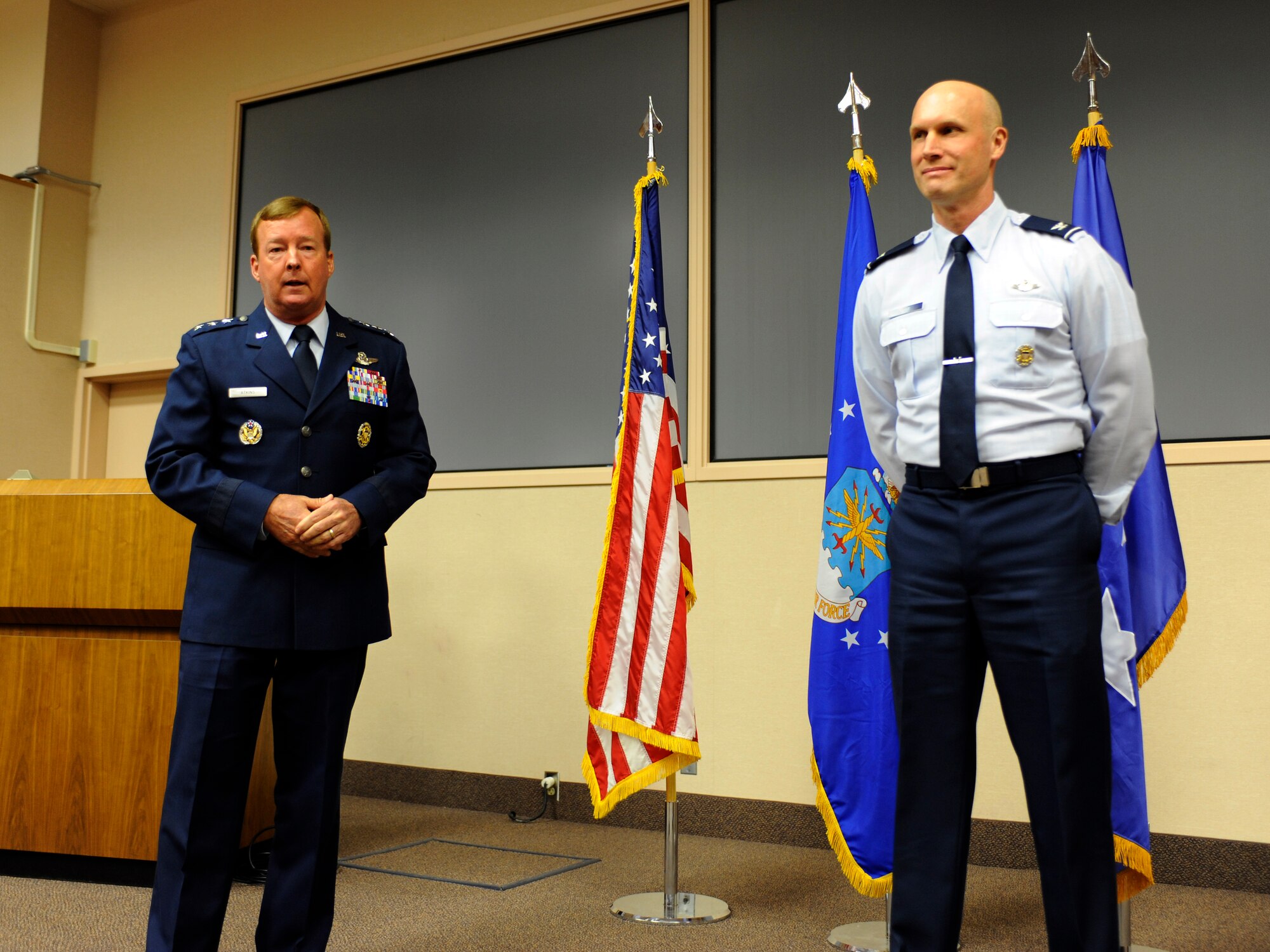 Lt. Gen. Dana T. Atkins offers remarks before administering the oath of office to Brig.Gen. James N. Post III May 10, 2010, Eielson Air Force Base. The promotion ceremony took place at the 353rd Combat Training Squadron. General Atkins is the 11th Air Force Commander. General Post is the 354th Fighter Wing Commander. (U.S. Air Force photo by Willard Grande  III)
