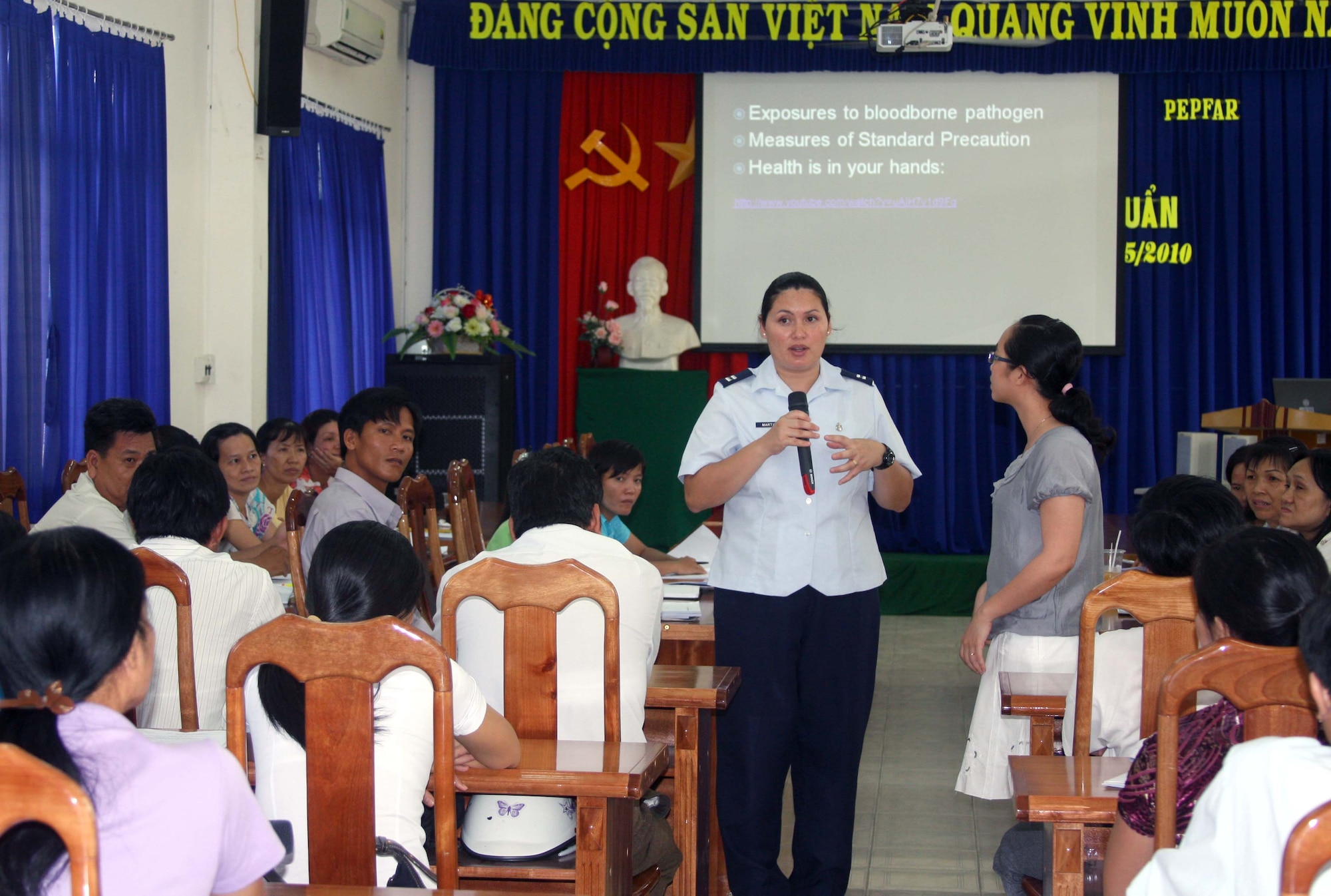 Capt. Katrina Martinez, an infection control officer from the 36th Medical Group at Andersen Air Force Base, Guam, speaks at a U.S. and Vietnam hosted subject matter expert exchange at the Can Tho Medical College in Can Tho, Vietnam, on May 11, 2010. The exchange allows for the sharing of information about basic life support, infectious diseases and public health that improves how both countries provide medical care to those in need. The exchange is in addition to humanitarian medical and civil engineering projects being conducted as part of Operation Pacific Angel, a joint and combined humanitarian assistance operation conducted in the Pacific area in support of U.S. Pacific Command's capacity-building efforts. (U.S. Air Force photo/ Lt. Col. Lamberto Braza)