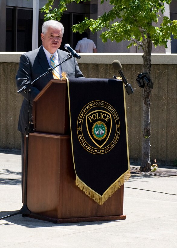 LANGLEY AIR FORCE BASE, Va. -- Joe S. Frank, mayor of Newport News, addresses the military and civilian law enforcement during the Newport News Police Department Memorial Service in downtown Newport News May 10.  This event is held as part of National Police Week, which began May 9 and will conclude May 15, honoring police officers, military and civilians, who have lost their lives in the line of duty.  (U.S. Air Force photo/Senior Airman Zachary Wolf)