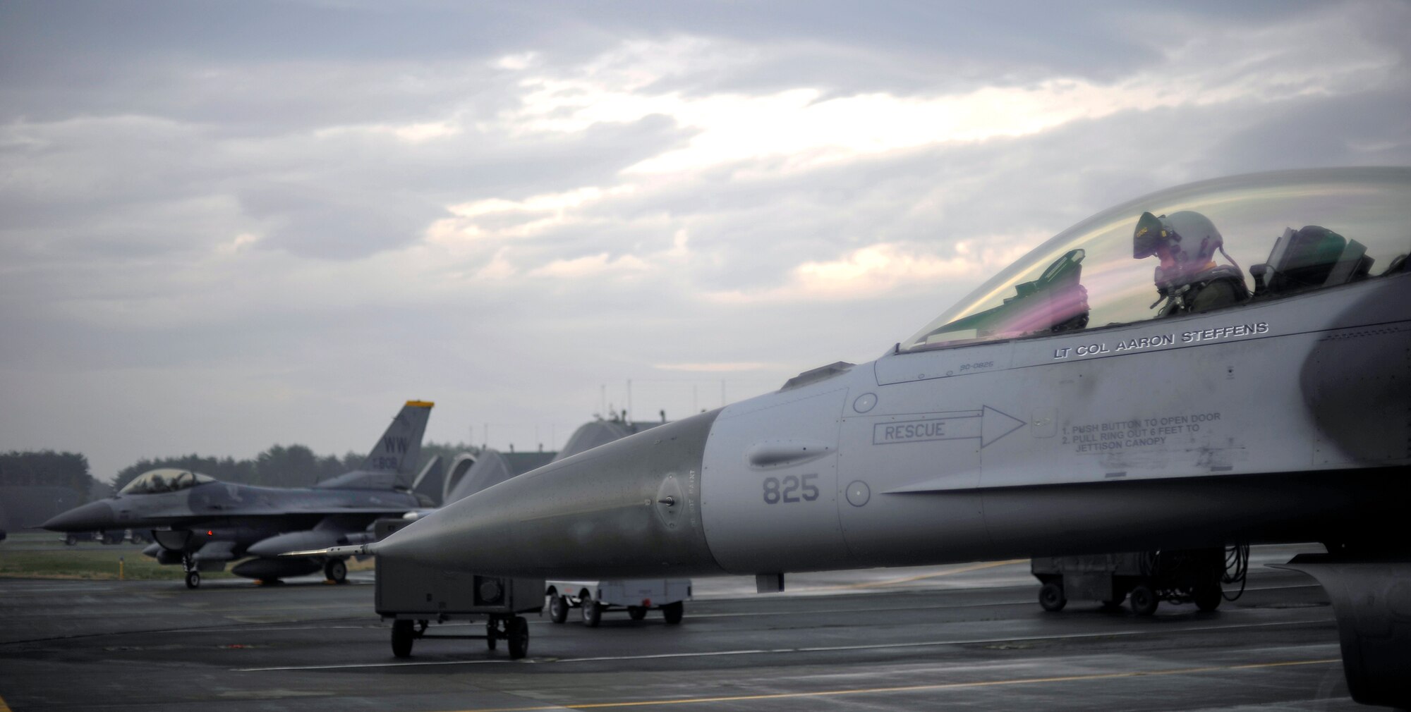 Lt. Col. Aaron Steffens prepares to taxi May 7, 2010, at Misawa Air Base, Japan. He was one of 15 pilots from the 14th Fighter Squadron that deployed to South Korea. Colonel Steffens is the 14th Fighter Squadron commander. (U.S. Air Force photo/Staff Sgt. Chad C. Strohmeyer)
