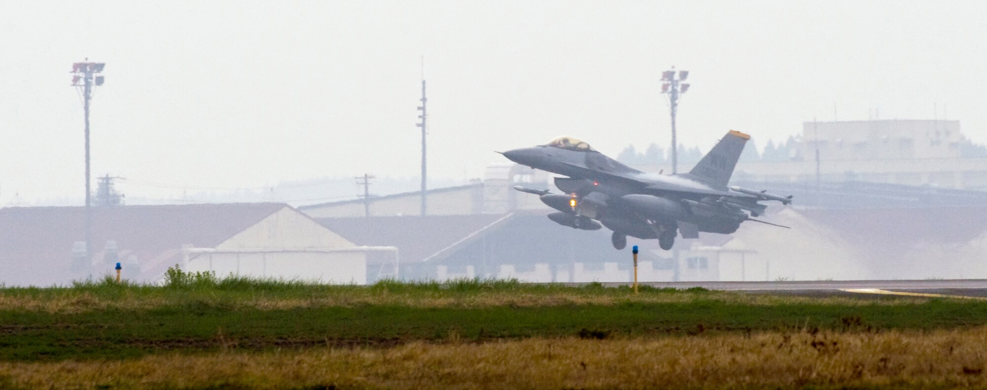 A pilot takes off in an F-16 Fighting Falcon, May 7, 2010, at Misawa Air Base, Japan. The pilot was one of approximately 350 Airman deployed to South Korea in an effort to maintain regional stability in the Asia-Pacific theater and promote stronger relations with U.S. allies. (U.S. Air Force photo/Staff Sergeant Araceli Alarcon)